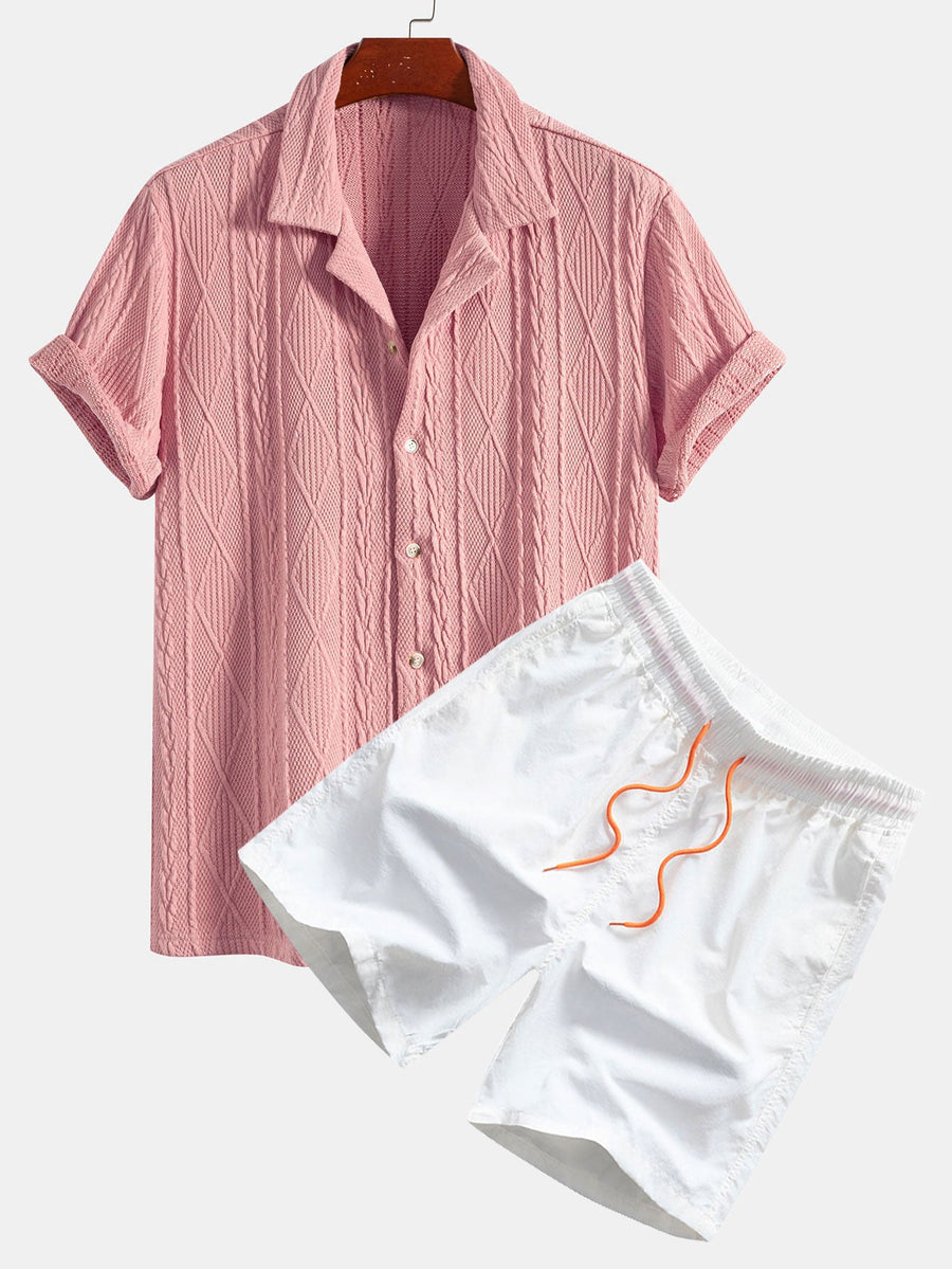 Knitted Geometric Textured Cuban Shirt & Man Mid Length Drawstring Swim Shorts