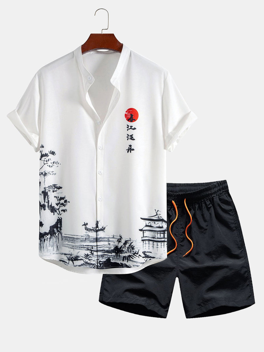 Ink Landscape Painting Stand Collar Shirt & Man Mid Length Drawstring Swim Shorts