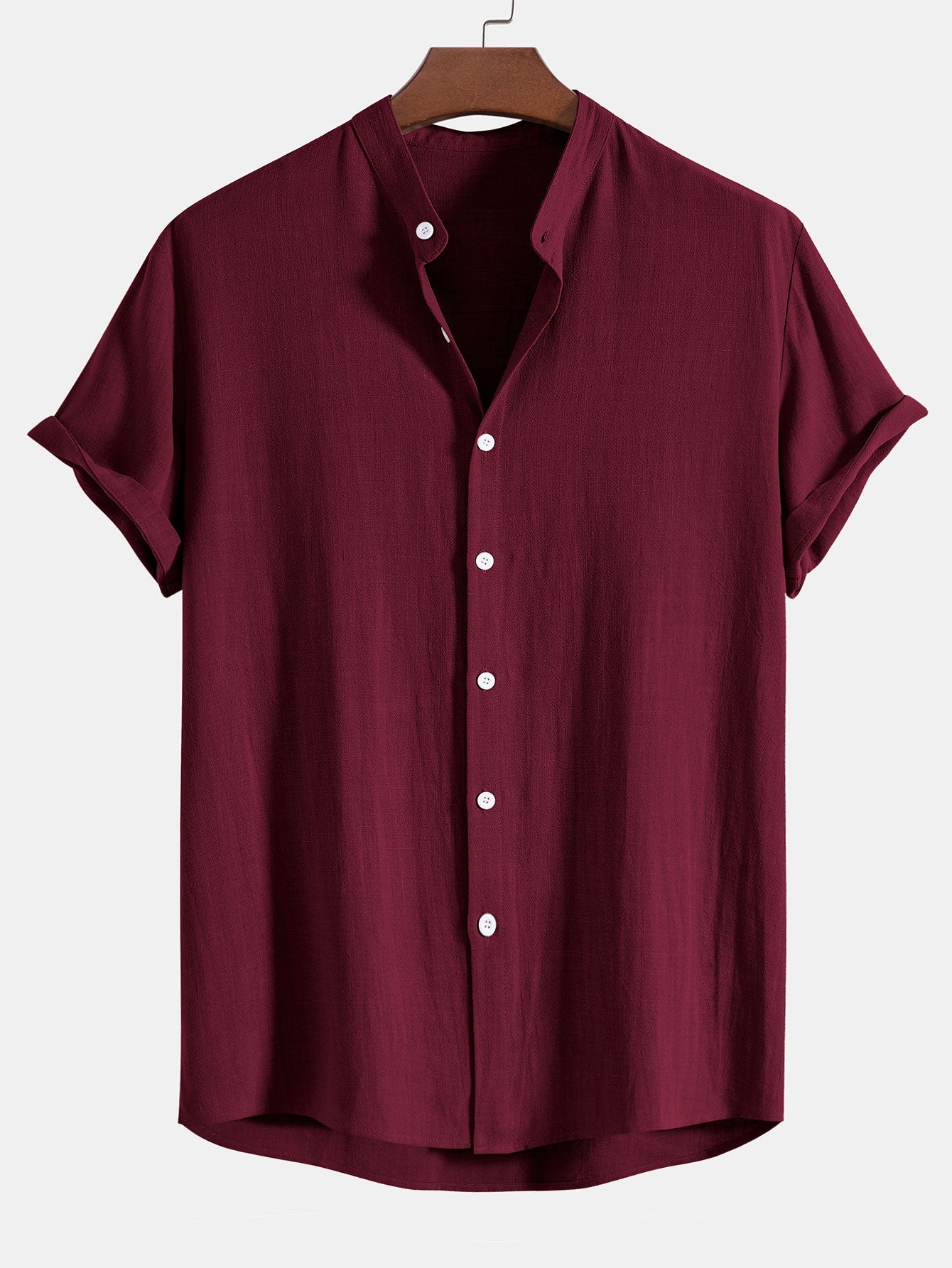Linen And Rayon Blend Stand Collar Shirt & Wrinkle Textured Straight Leg Pants