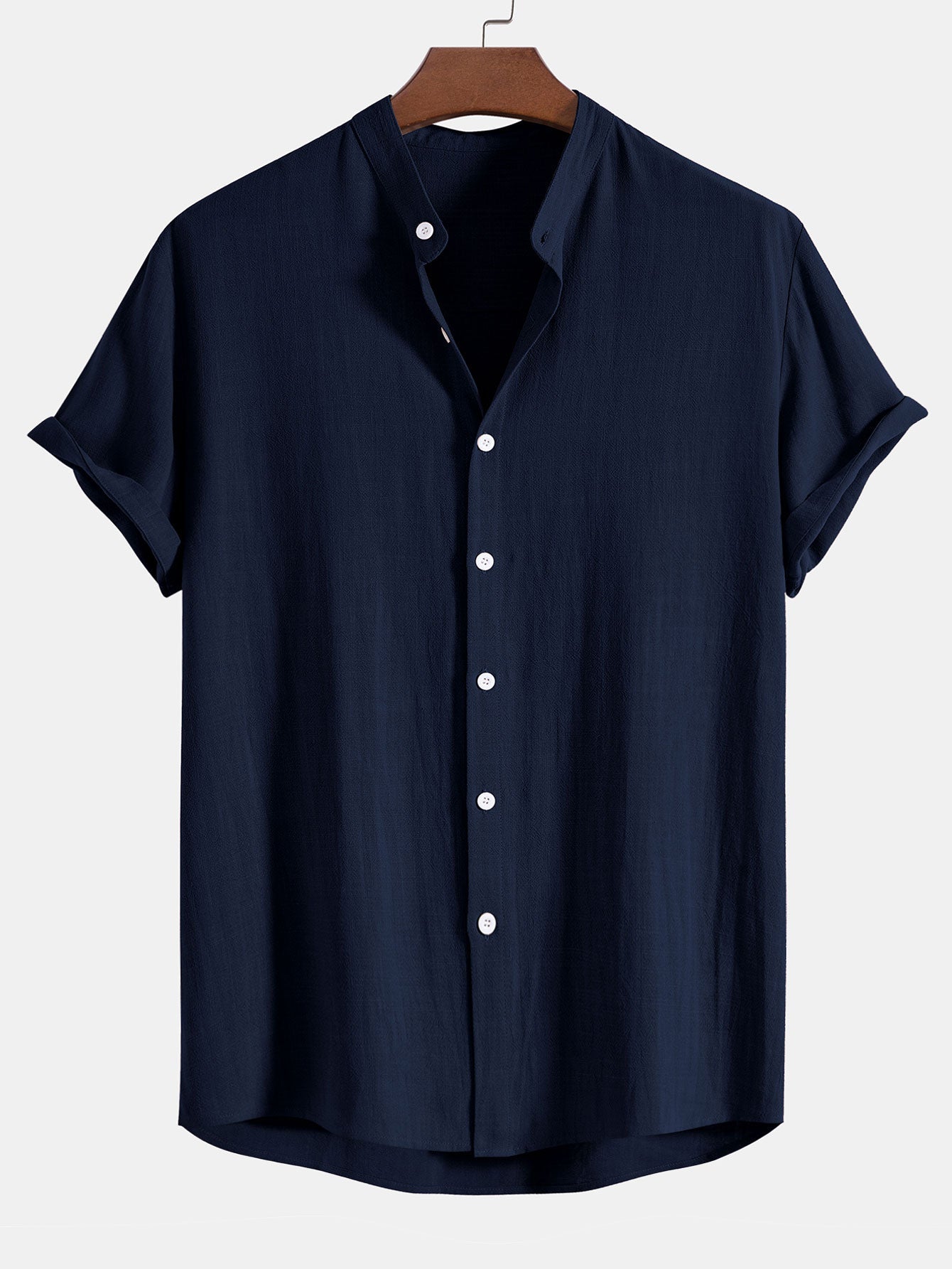 Linen And Rayon Blend Stand Collar Shirt & Linen Cotton Blend Drawstring Shorts