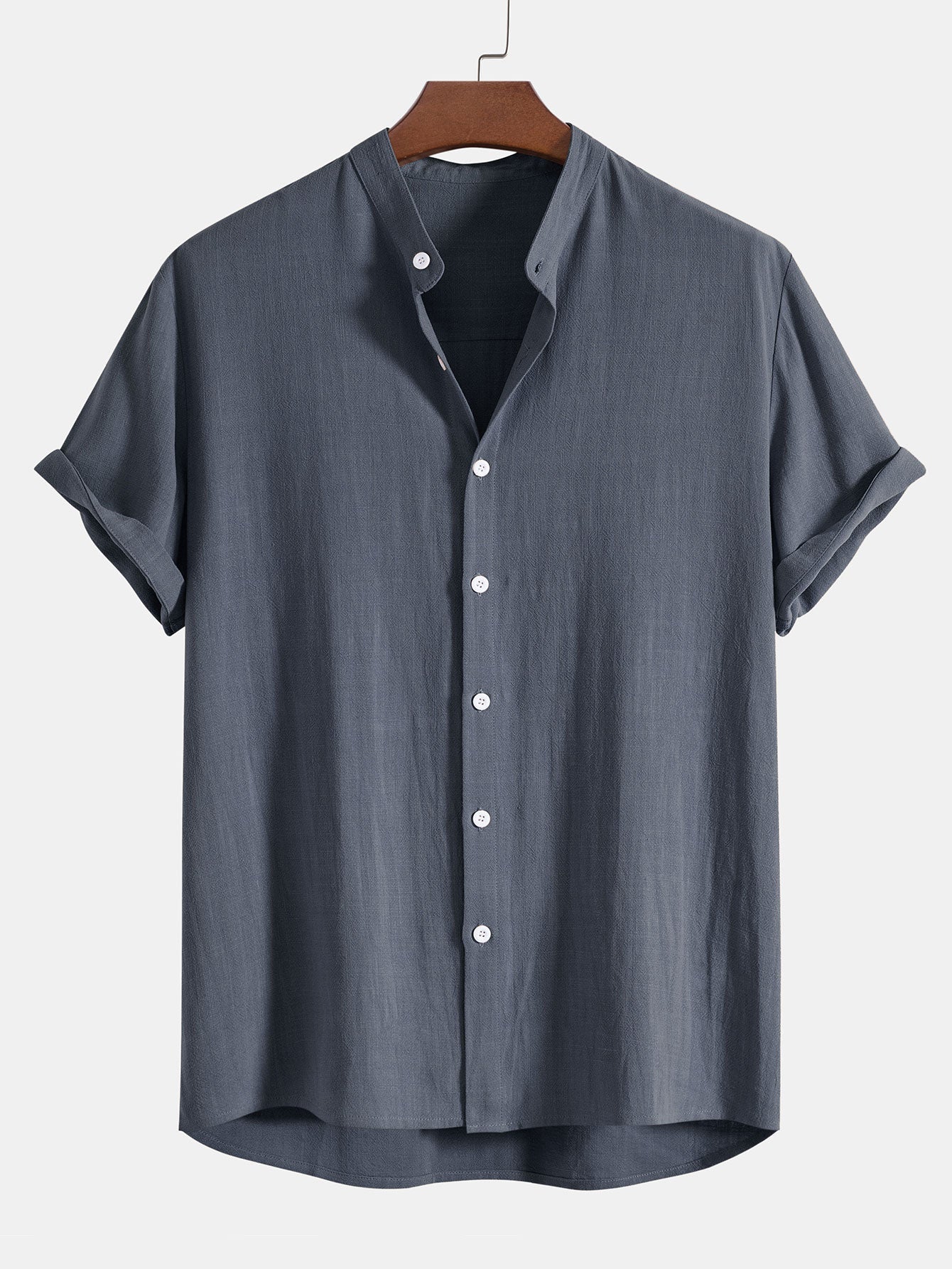 Linen And Rayon Blend Stand Collar Shirt & Wrinkle Textured Straight Leg Pants