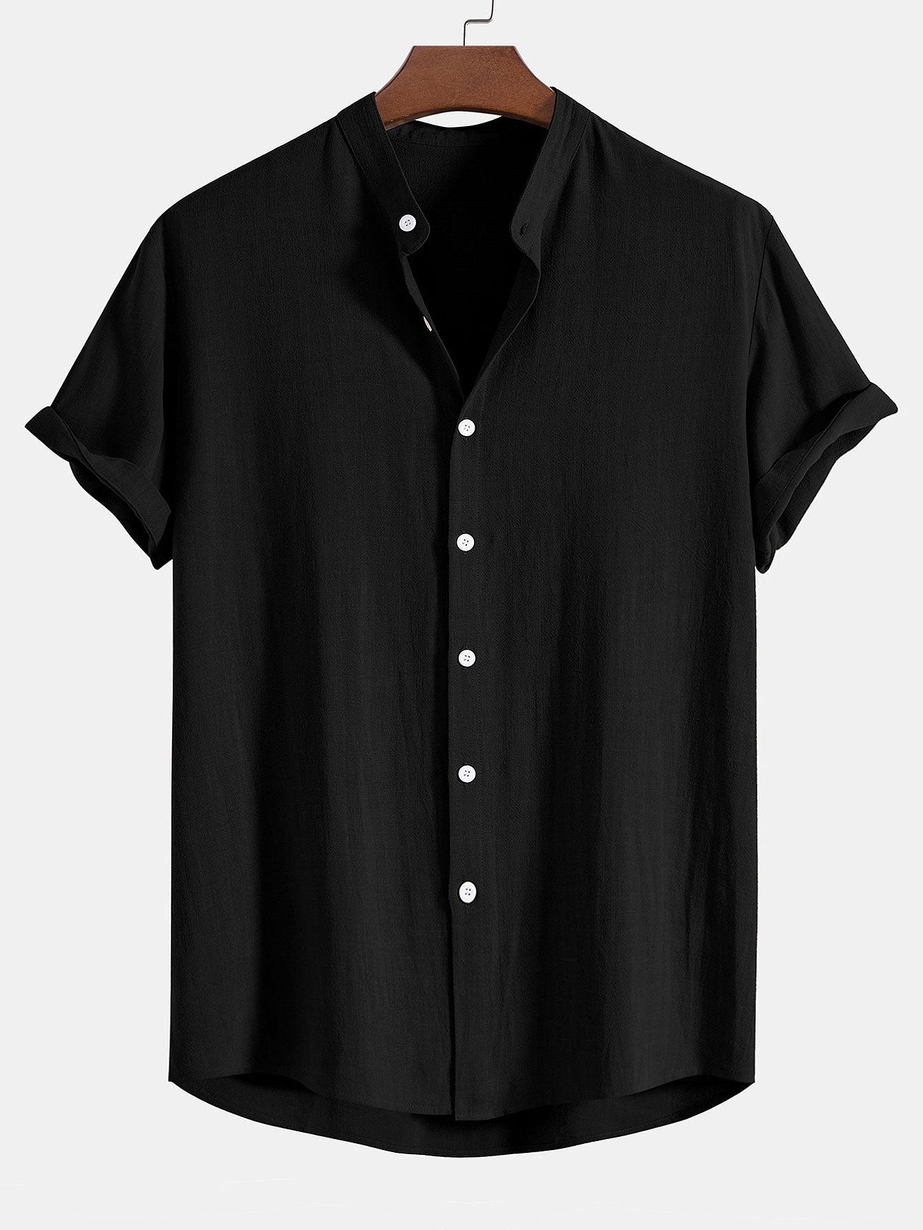 Linen And Rayon Blend Stand Collar Shirt & Wrinkle Textured Straight Leg Pants