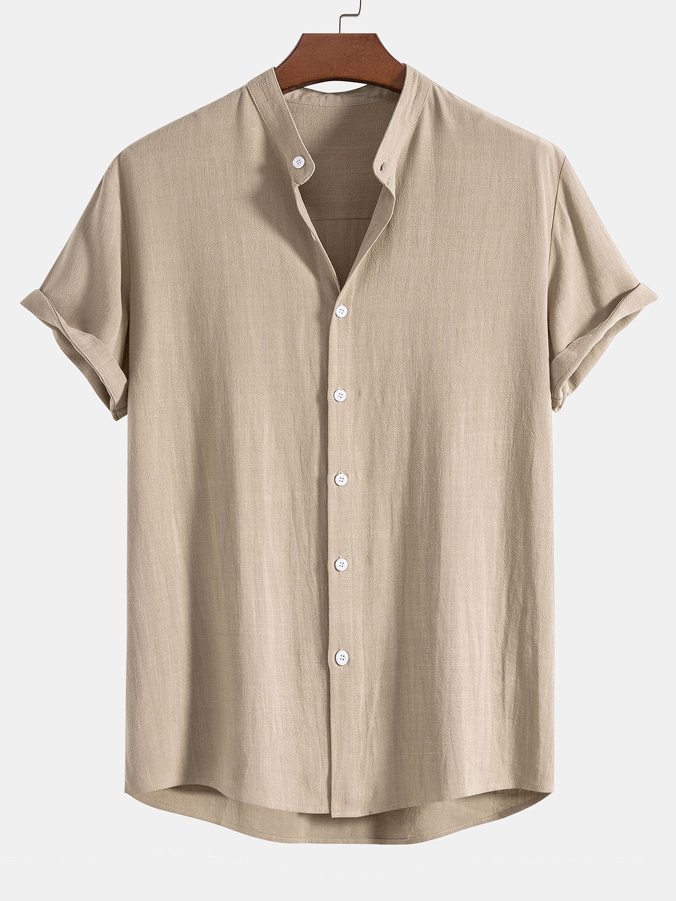 Linen And Rayon Blend Stand Collar Shirt & Wrinkle Textured Straight Leg Pants