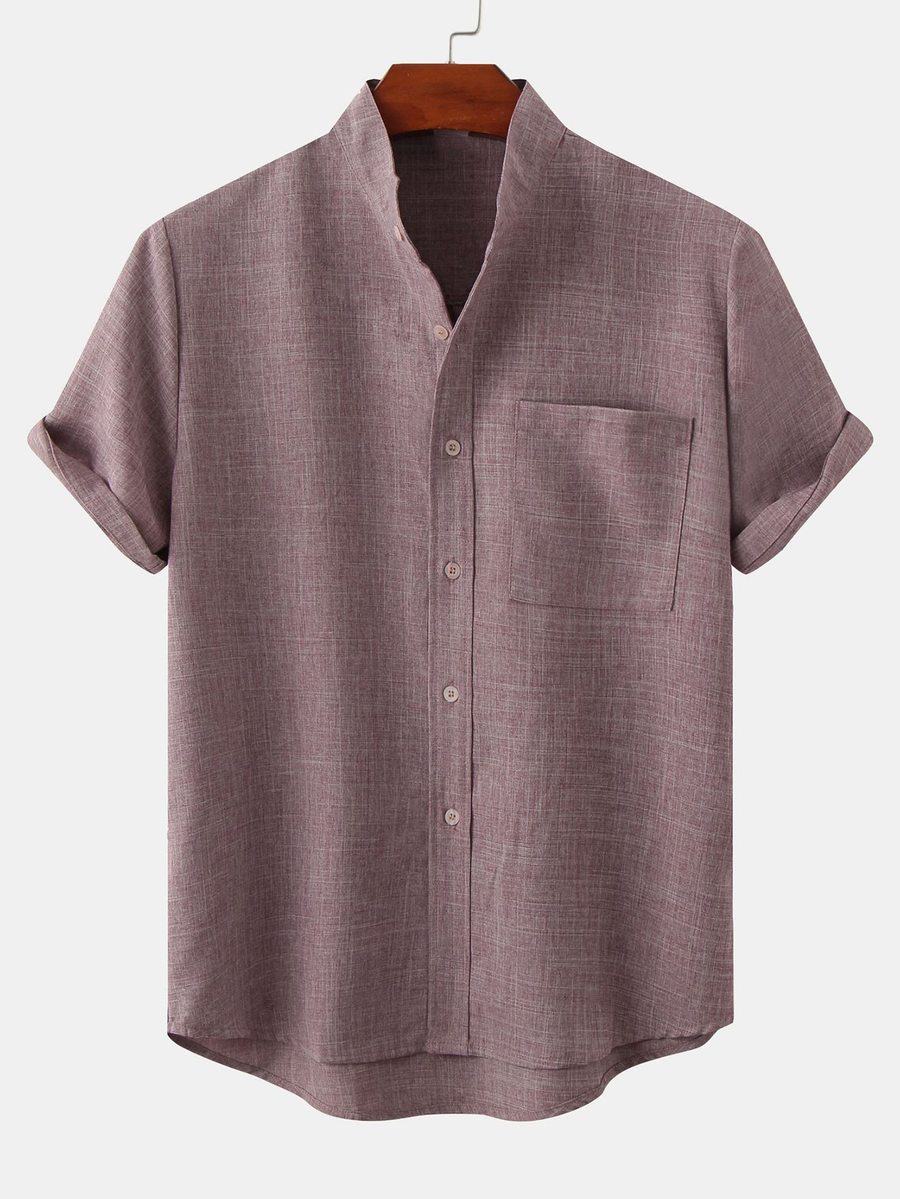 Man Stand Collar Shirt Whit Pocket