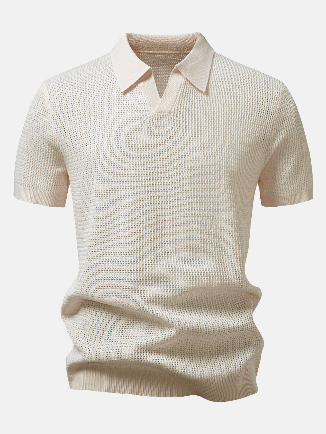 Textured Johnny Collar Crocheted Knit Polo & Straight Leg Linen Pants
