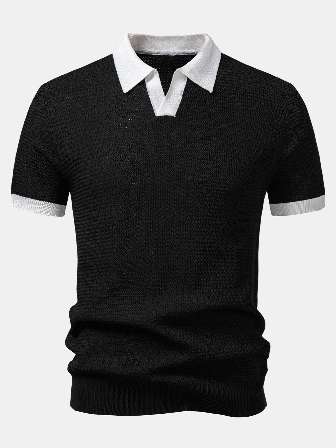 Textured Contrast Johnny Collar Knit Polo