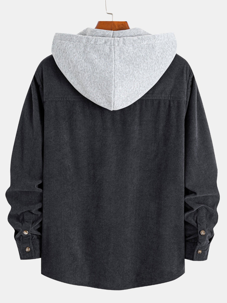 Contrast Corduroy Hooded Overshirt With Pockets