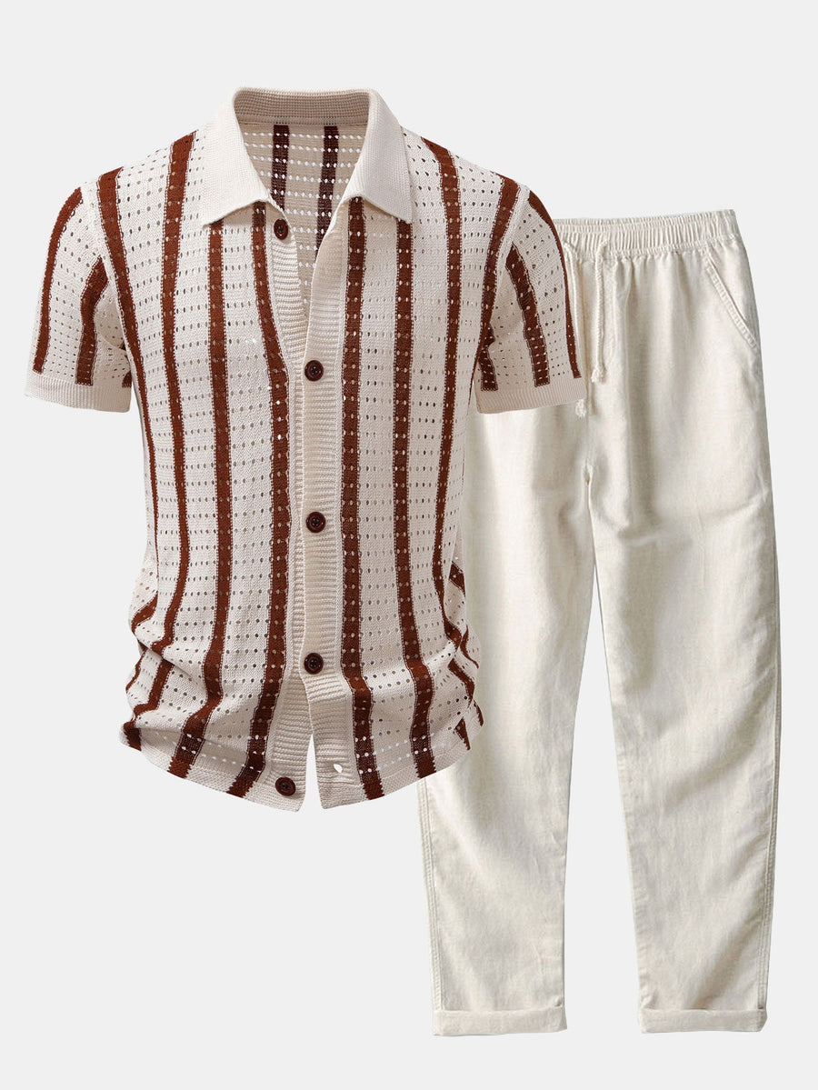 Stripe Open Knit Shirt & Straight Leg Linen Pants