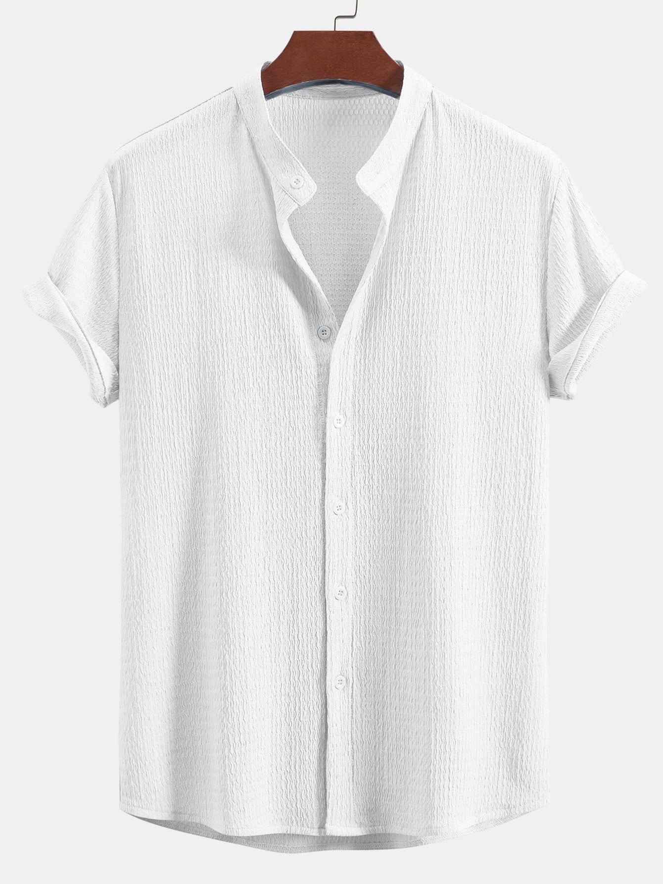 Muscle Fit Crinkled Textured Stand Collar Shirt