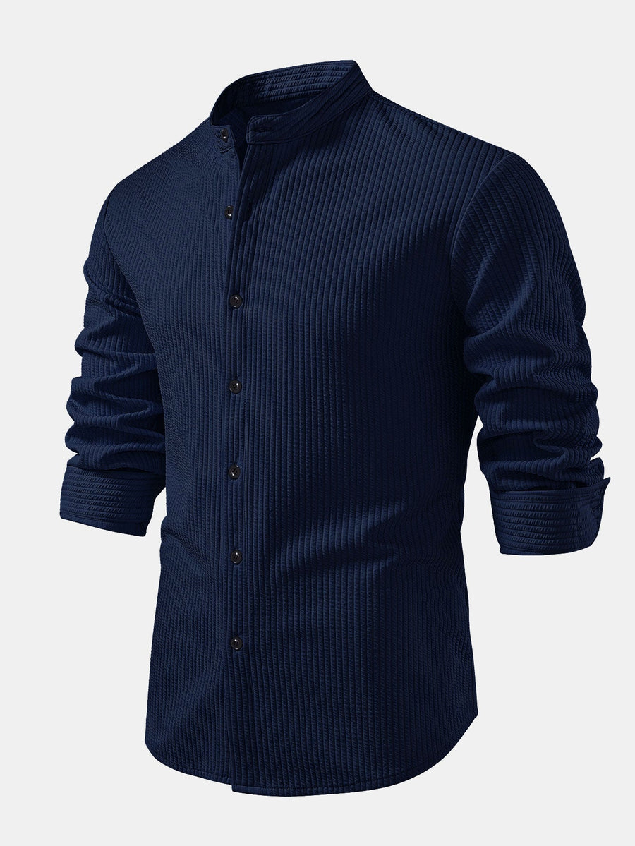 Long Sleeve Muscle Fit Ribbed Stand Collar Shirt