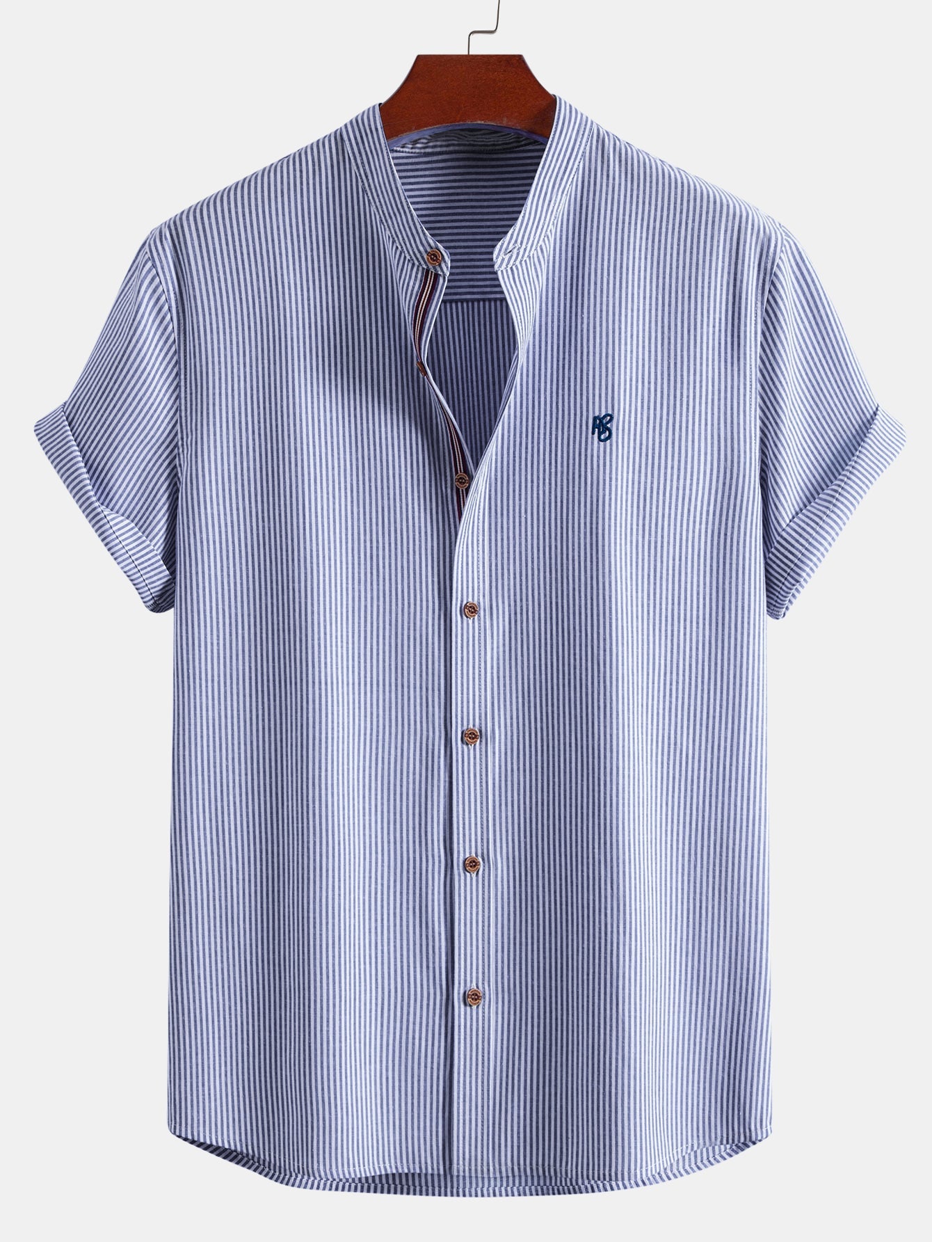 Short Sleeve Cotton Stripe Stand Collar Shirt