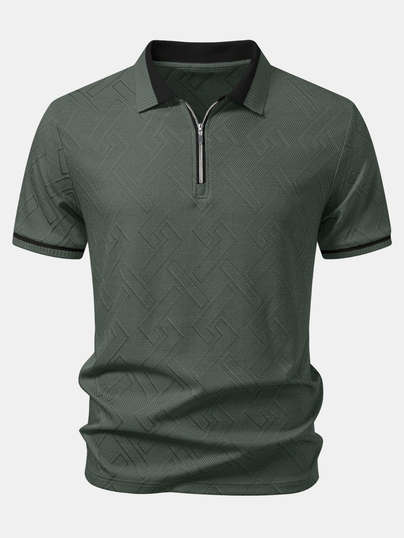 Geometric Jacquard Contrast Trim Zipper Knit Polo