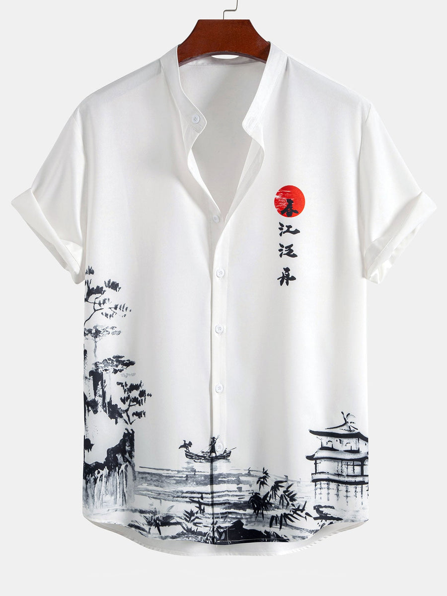 Ink Landscape Painting Stand Collar Shirt & Man Mid Length Drawstring Swim Shorts