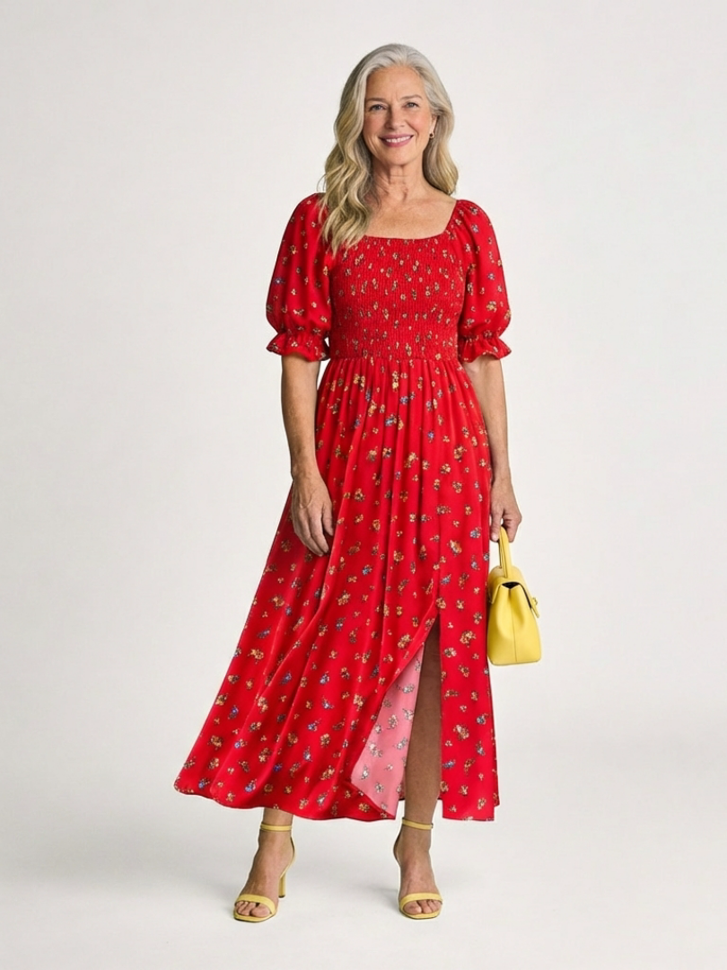 Delphine | Neliökaula-aukkoinen kukallinen midi-mekko