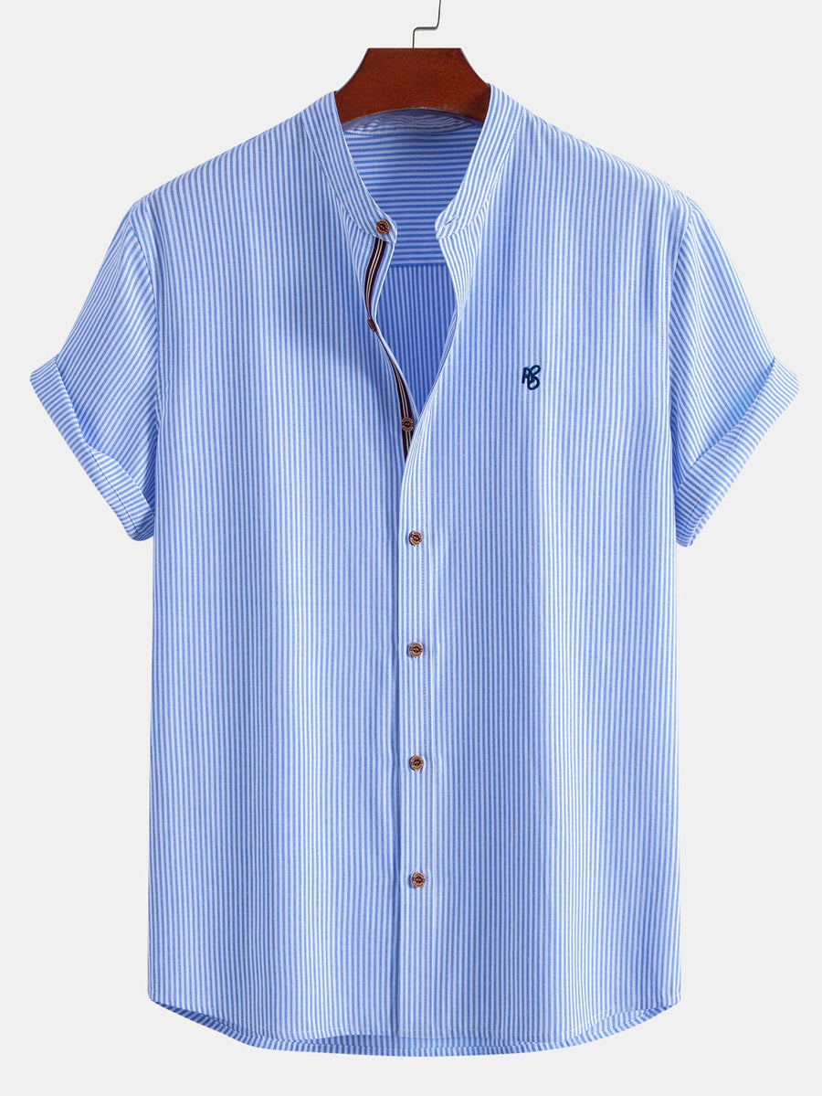 Short Sleeve Cotton Stripe Stand Collar Shirt