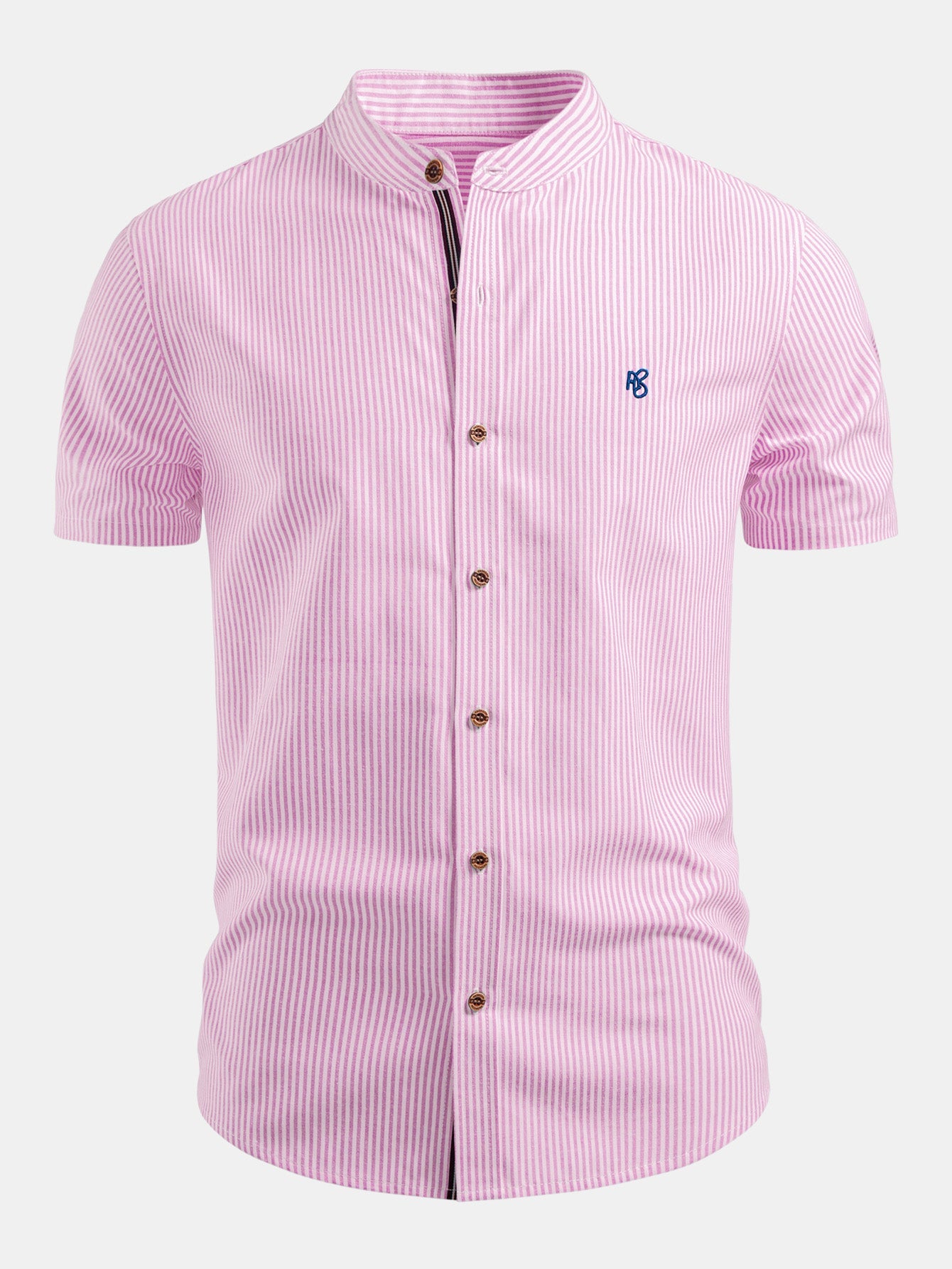 Short Sleeve Cotton Stripe Stand Collar Shirt