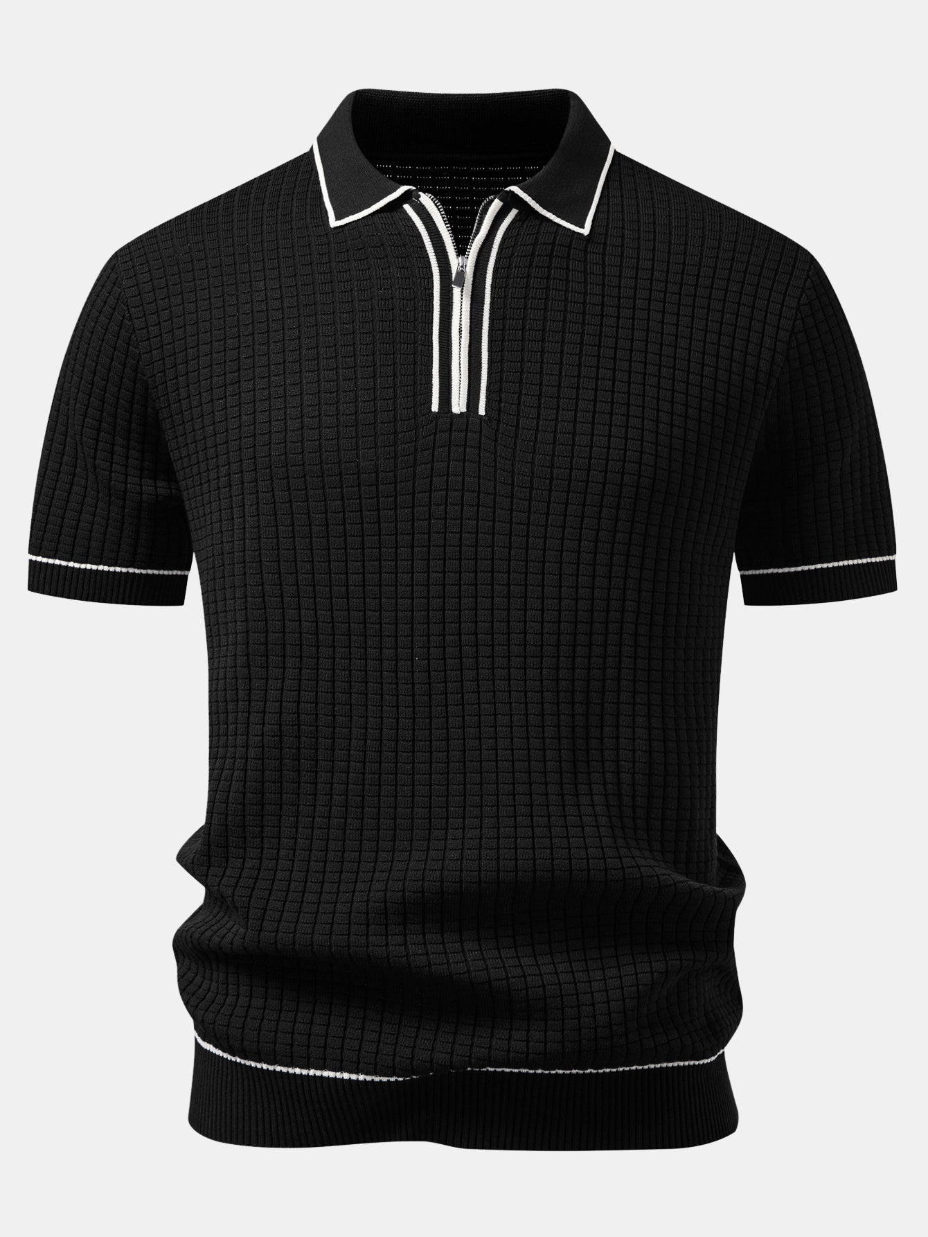 Contrast Trim Waffle Zipper Knit Polo