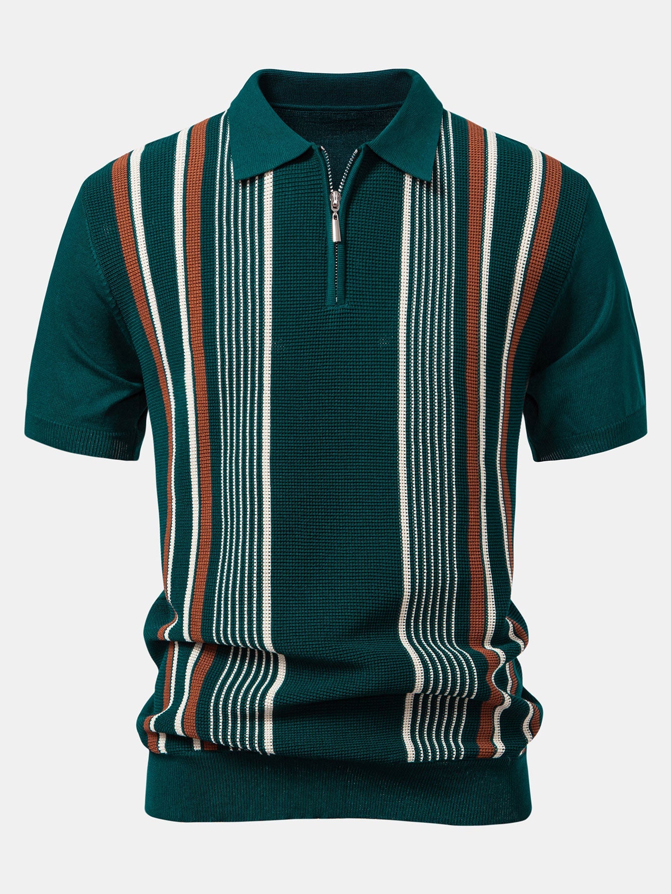 Stripe Knit Zip Up Polo Shirt & Straight Leg Linen Pants