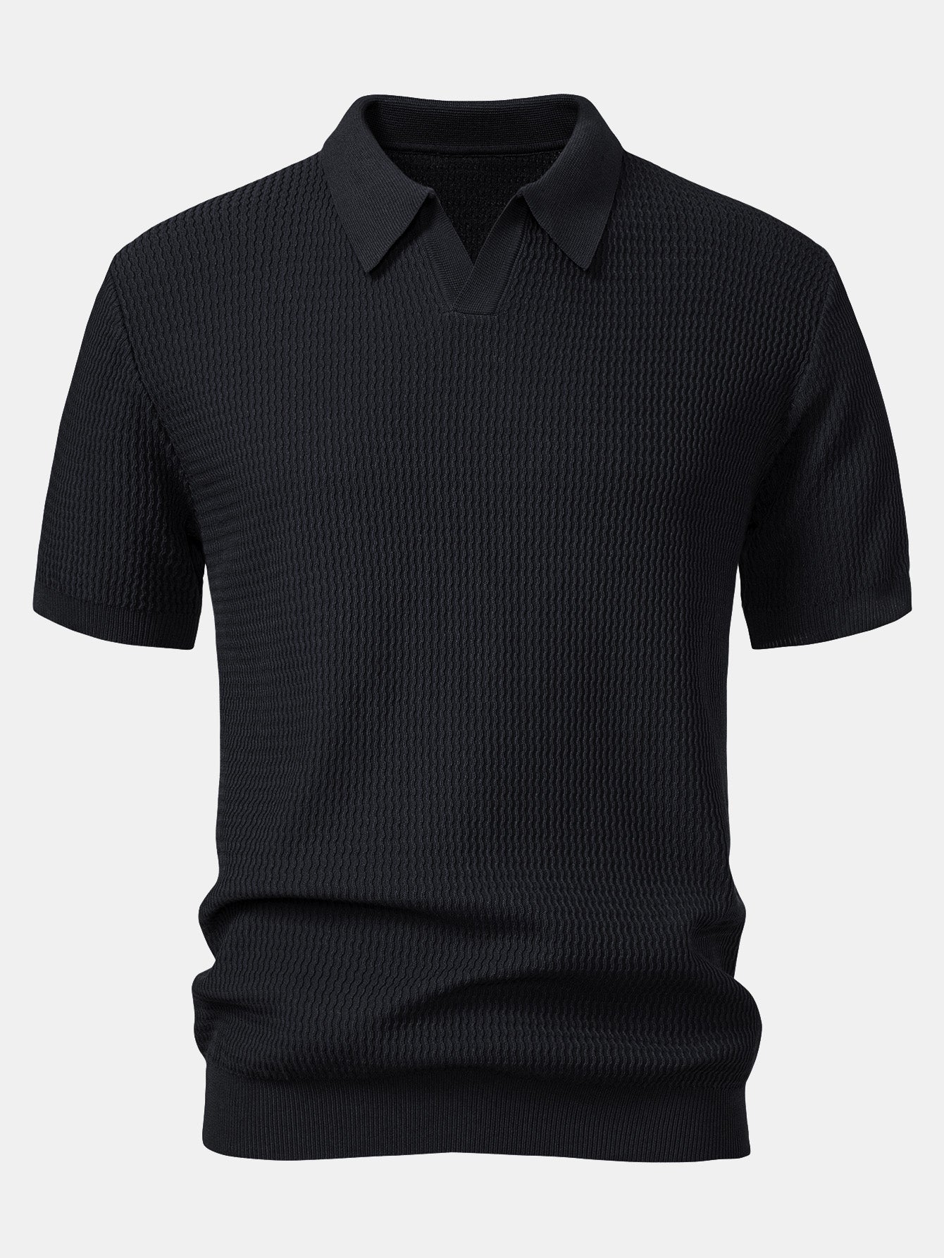Wave Jacquard Knit V Neck Polo Shirt & Straight Leg Ribbed Pants