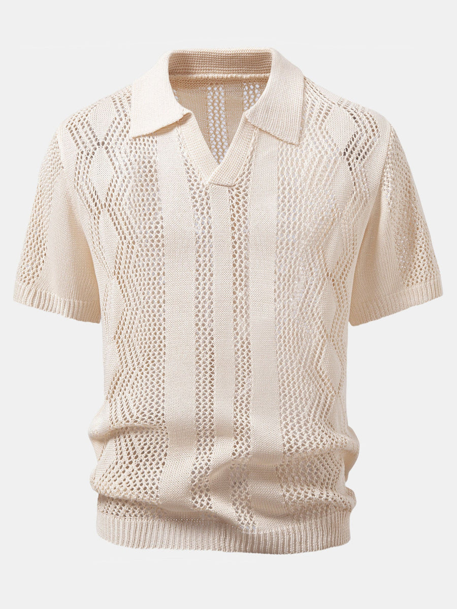 Relax Fit Geometry Crochet V Neck Knit Polo