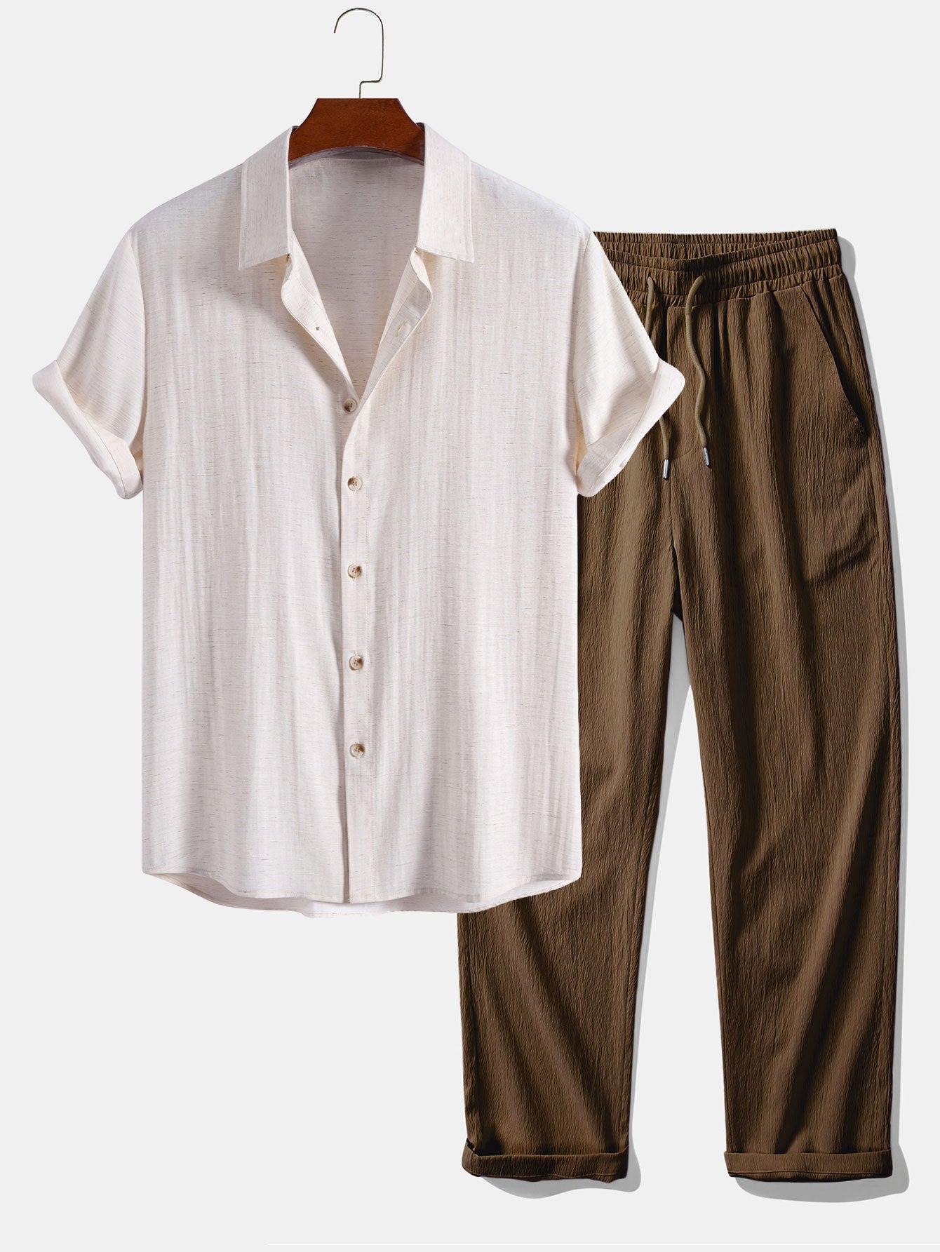 Linen Rayon Blend Button Up Shirt & Crinkle Textured Straight Leg Pants
