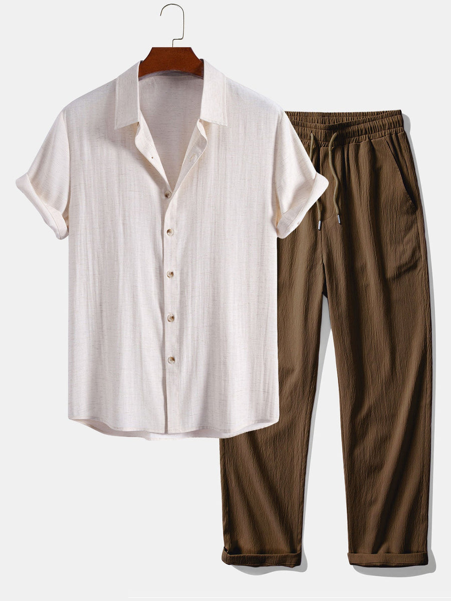 Linen Rayon Blend Button Up Shirt & Crinkle Textured Straight Leg Pants