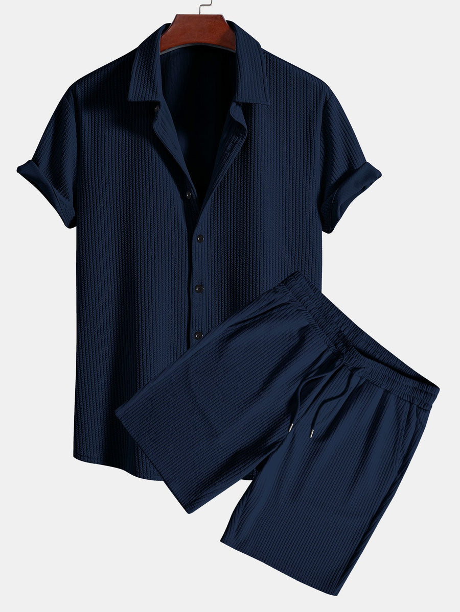 Muscle Fit Ribbed Button Up Shirt & Shorts