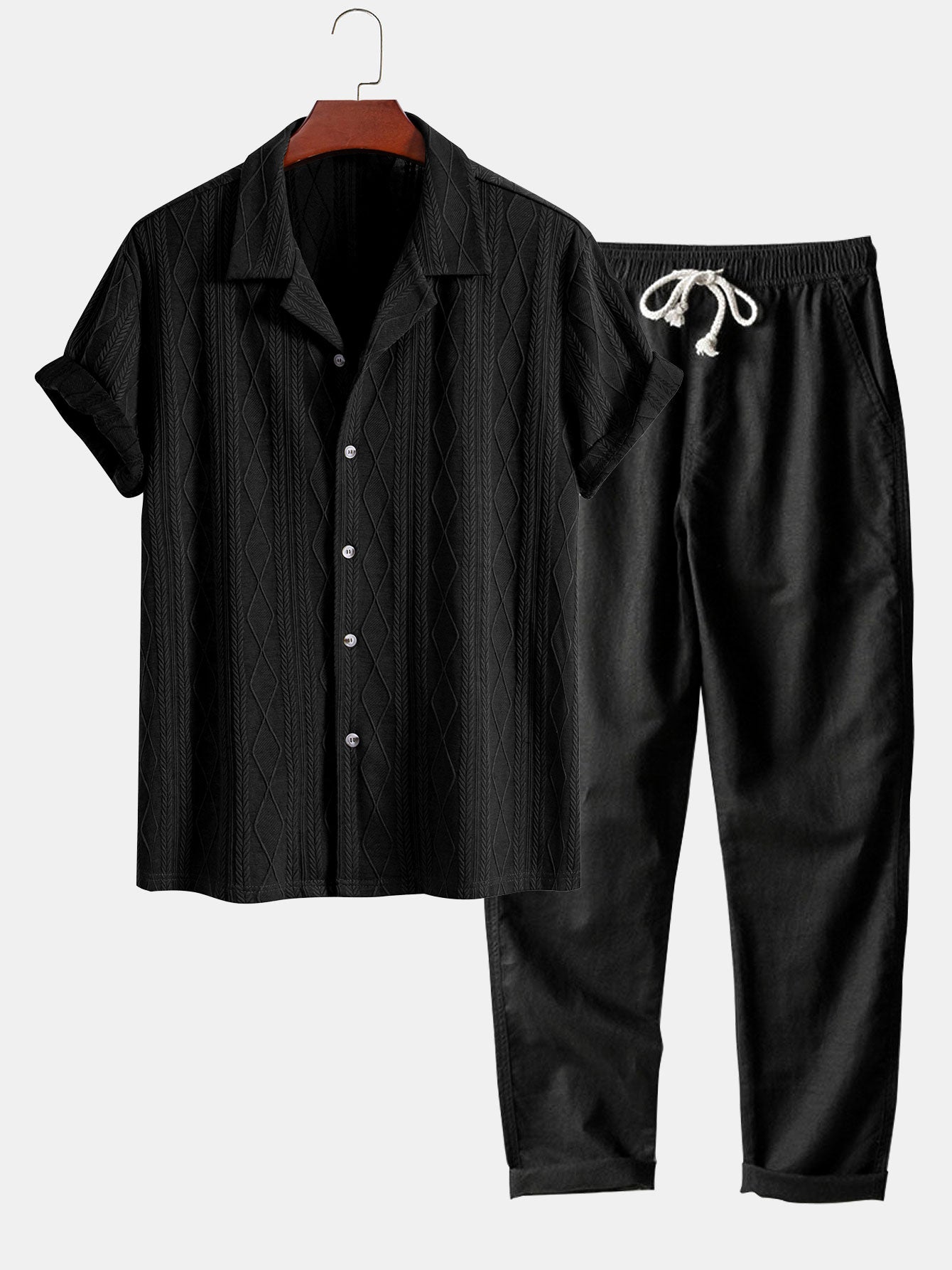 Knitted Geometric Rhombus Jacquard Cuban Shirt & Straight Leg Linen Pants