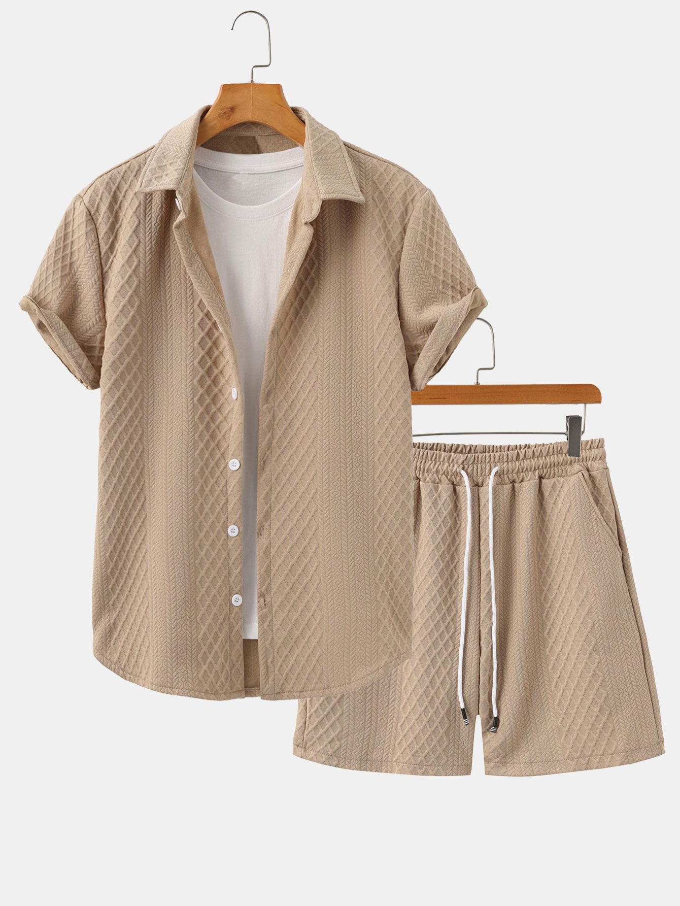Rhombus Geometry Jacquard Button Up Shirt & Drawstring Shorts