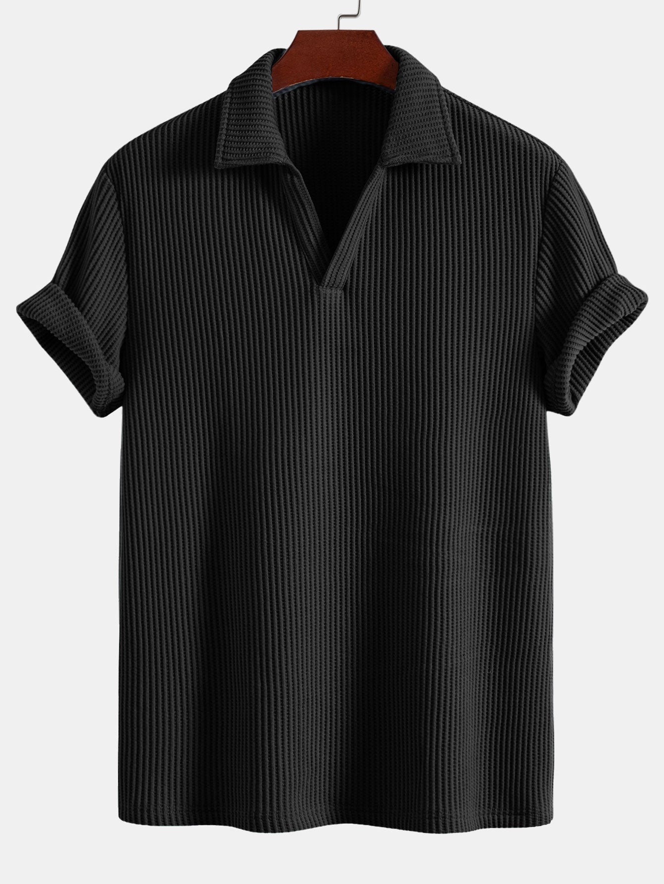 Short Sleeved Waffle V-neck Polo & Drawstring Knitted Waffle Shorts