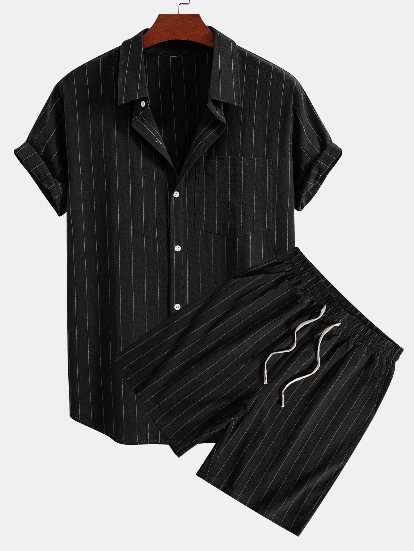 Linen Look Striped Button Up Shirt & Drawstring Shorts