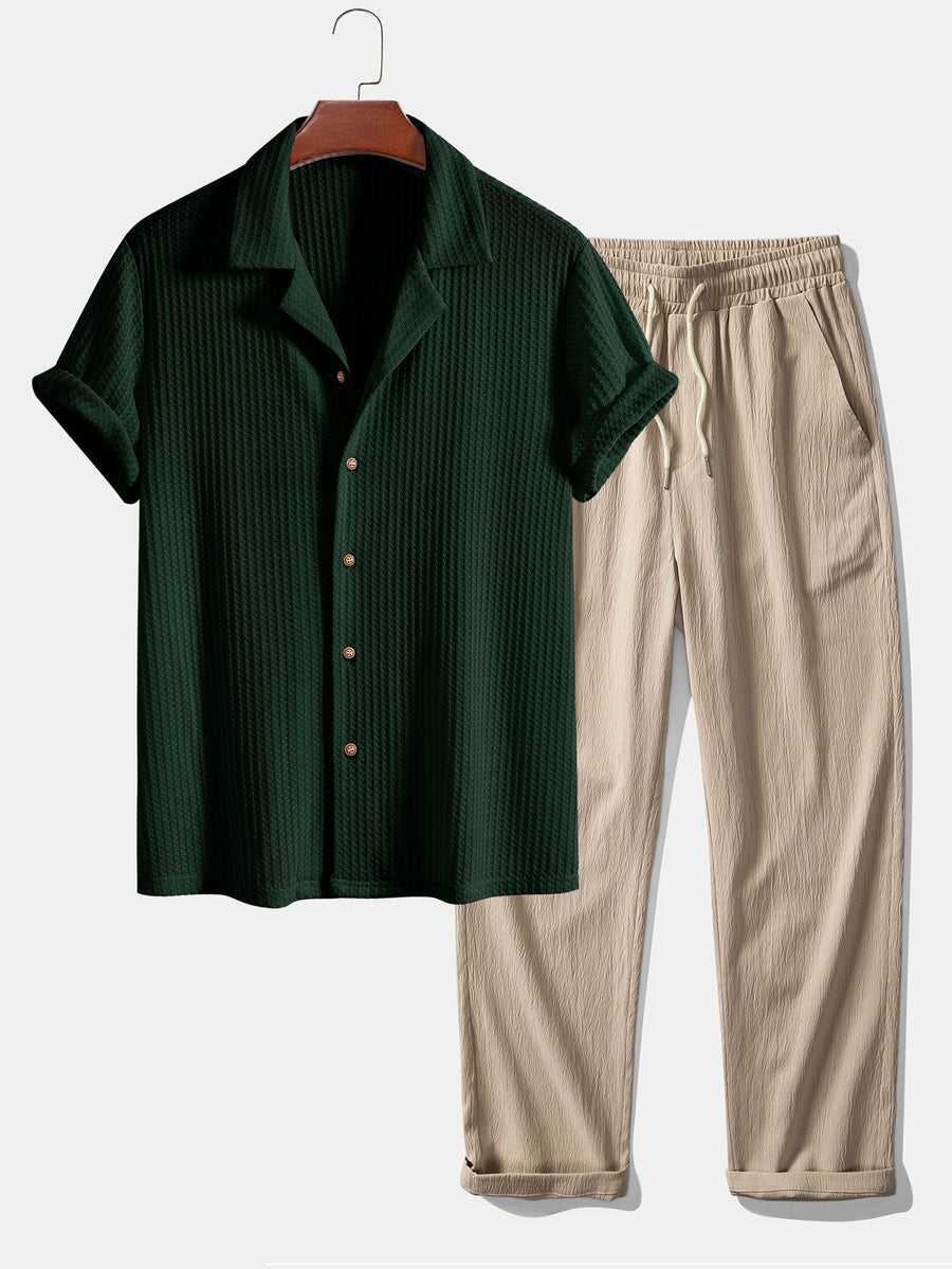 Short Sleeve Knitted Waffle Cuban Shirt & Crinkle Textured Straight Leg Pants
