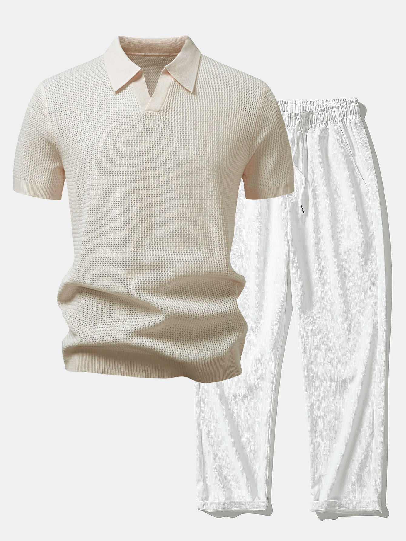Textured Johnny Collar Crocheted Knit Polo & Crinkle Textured Straight Leg Pants