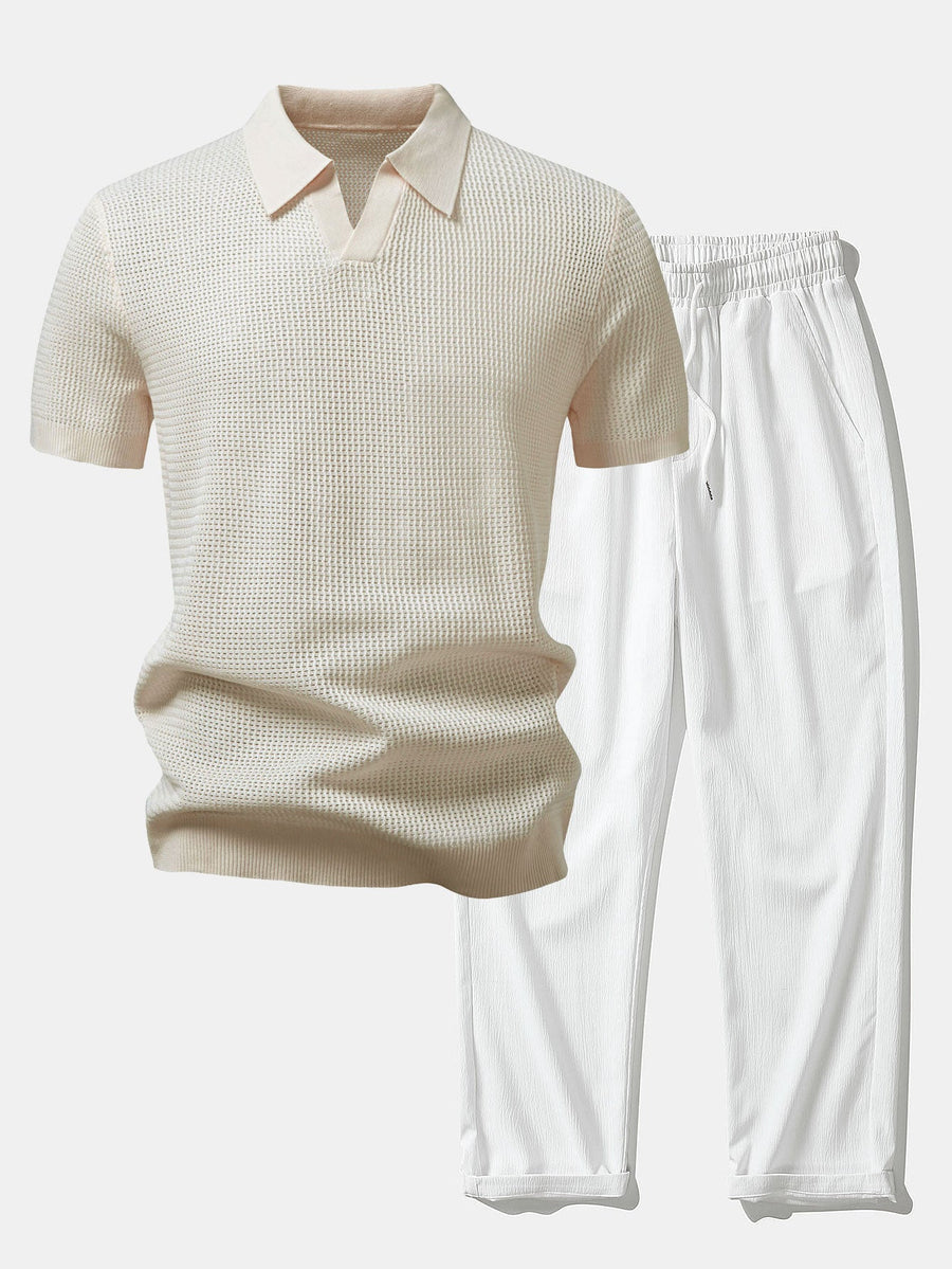 Textured Johnny Collar Crocheted Knit Polo & Crinkle Textured Straight Leg Pants