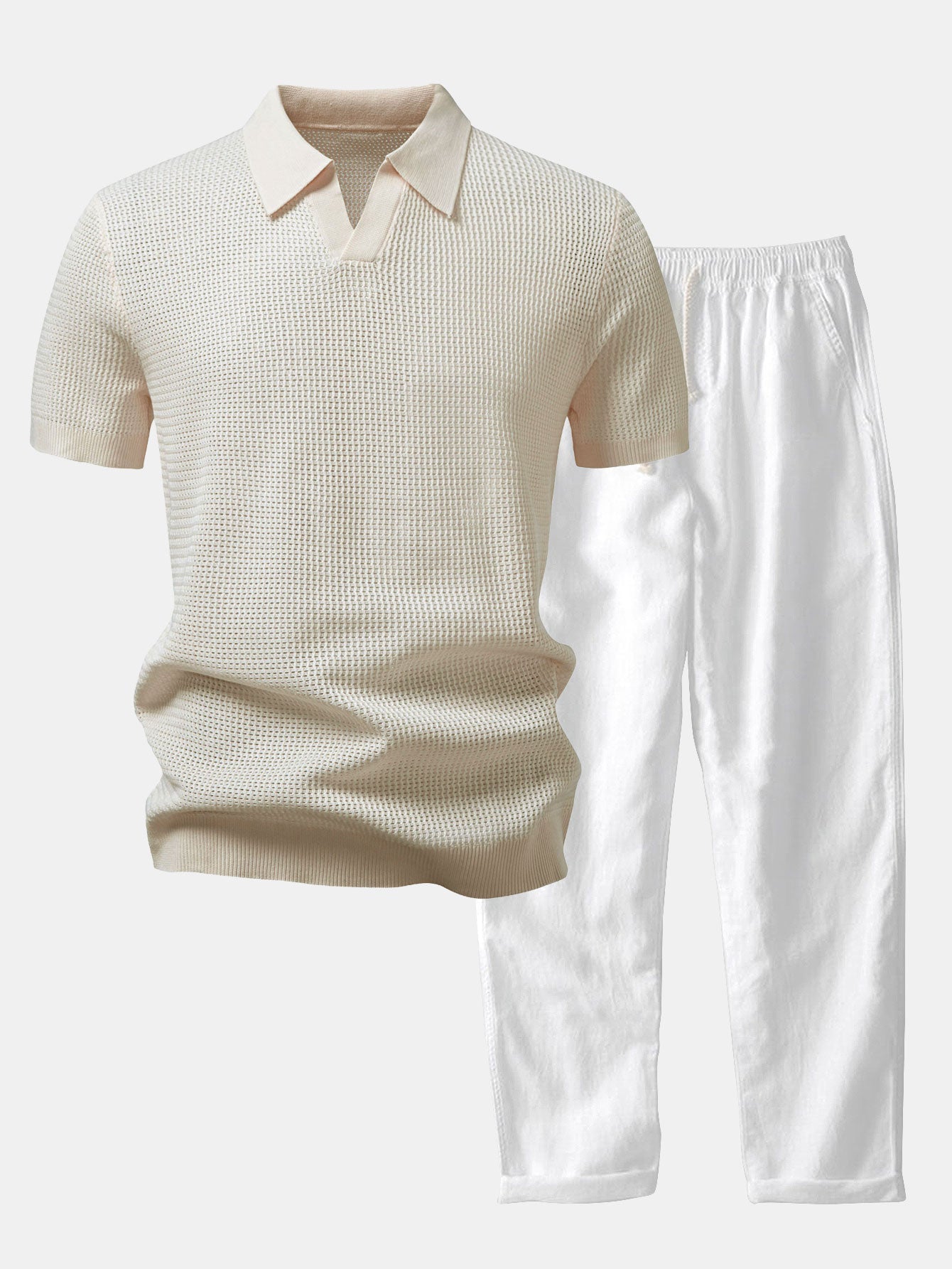 Textured Johnny Collar Crocheted Knit Polo & Straight Leg Linen Pants