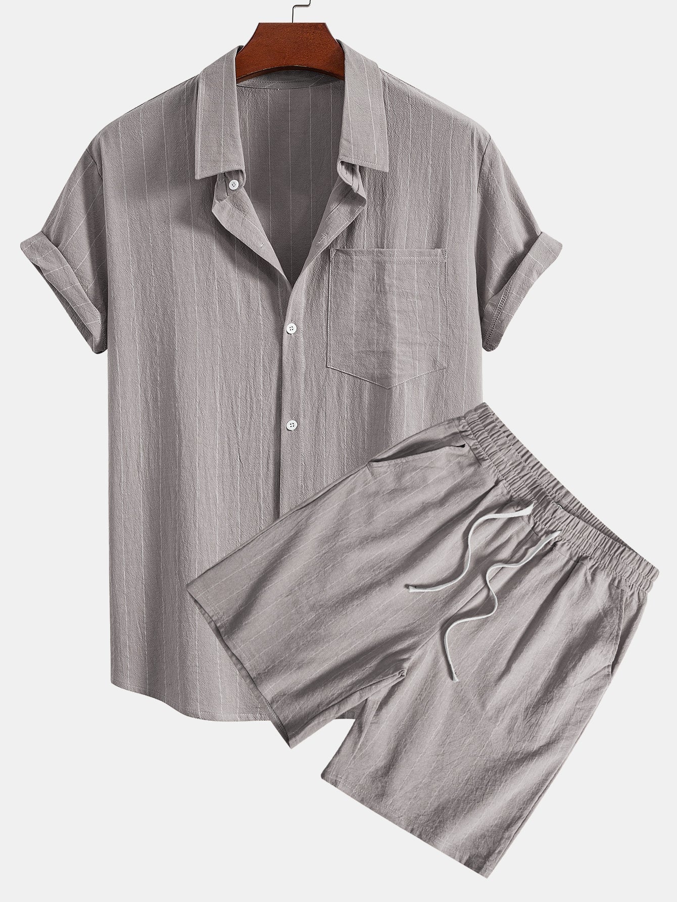 Linen Look Striped Button Up Shirt & Drawstring Shorts