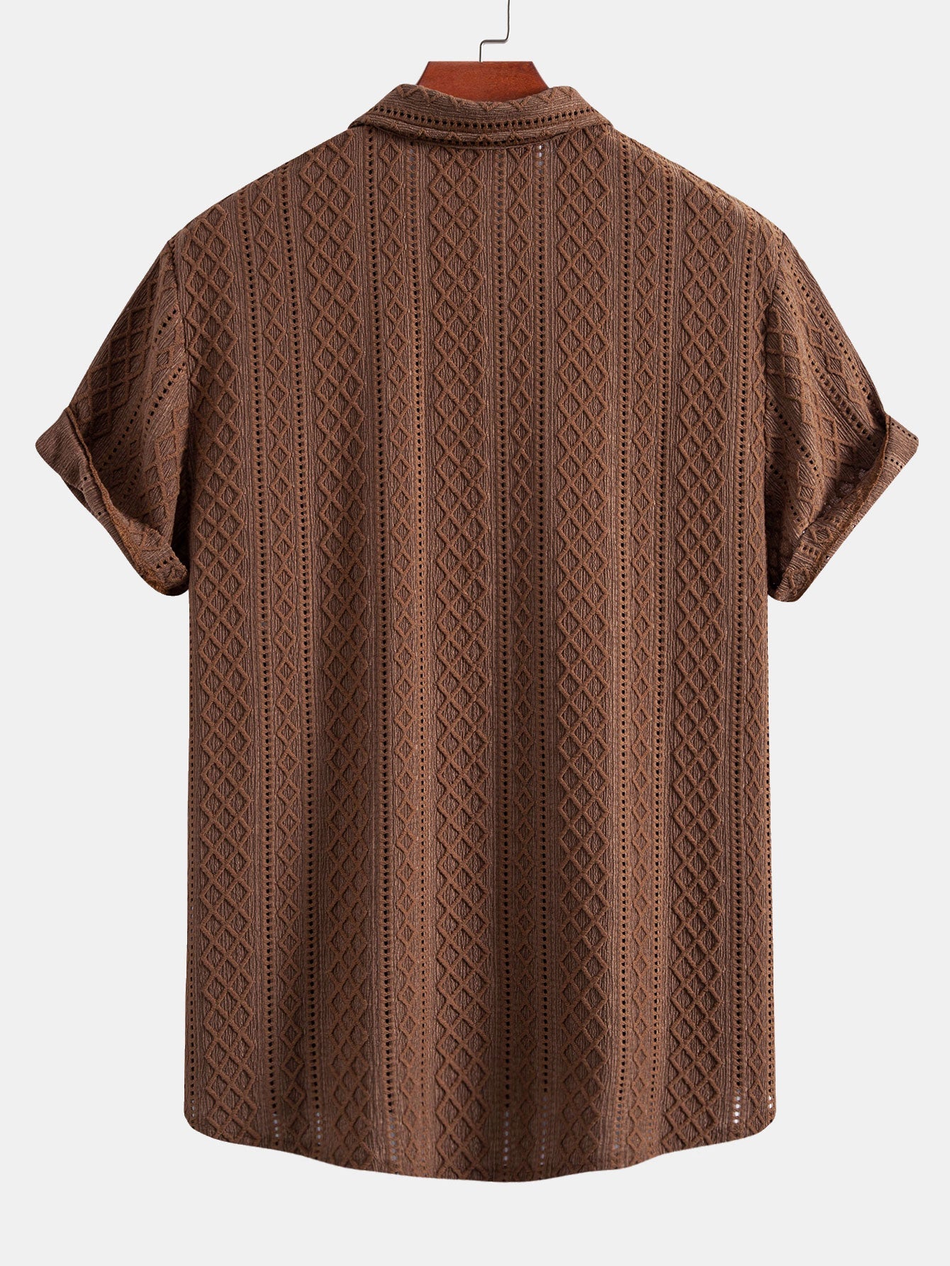 Geometry Rhombus Jacquard Button Up Shirt & Crinkle Textured Straight Leg Pants
