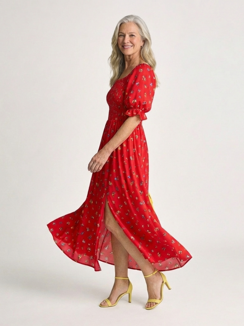 Delphine | Neliökaula-aukkoinen kukallinen midi-mekko