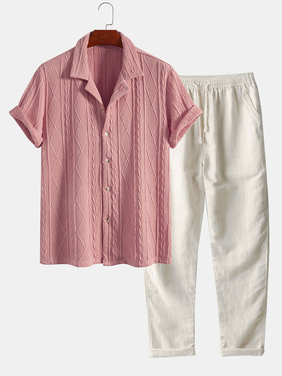 Knitted Geometric Textured Cuban Shirt & Straight Leg Linen Pants