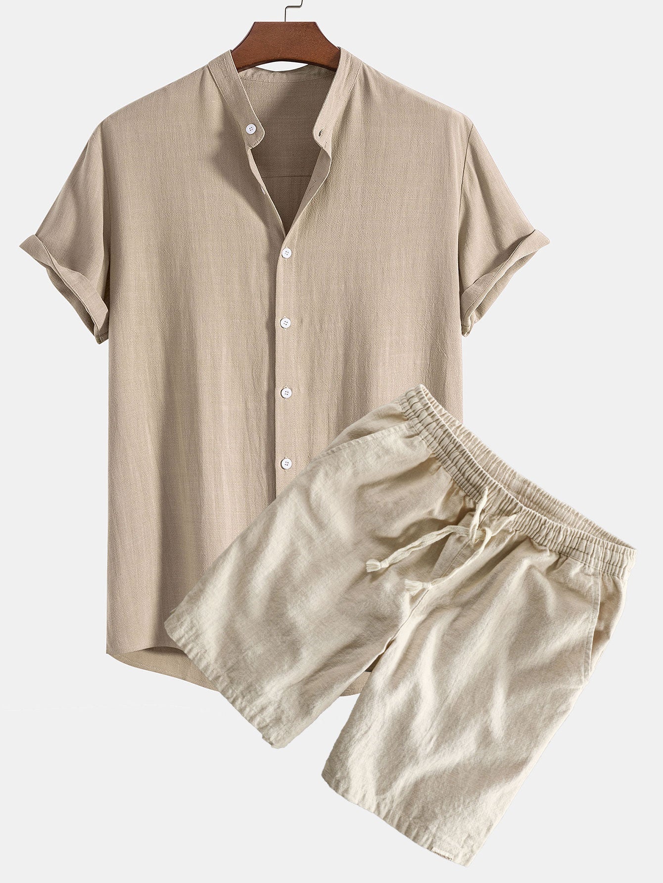 Linen And Rayon Blend Stand Collar Shirt & Linen Cotton Blend Drawstring Shorts