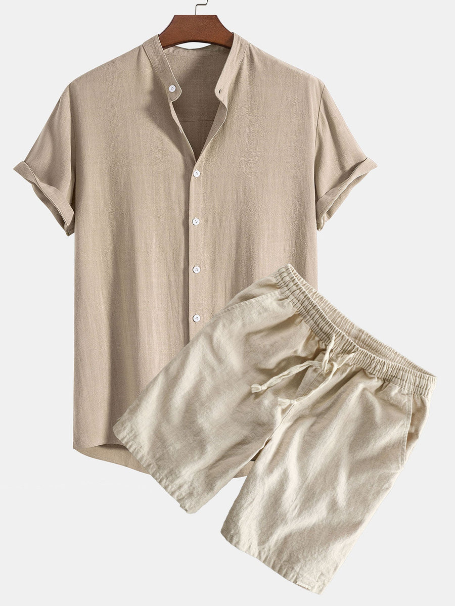Linen And Rayon Blend Stand Collar Shirt & Linen Cotton Blend Drawstring Shorts