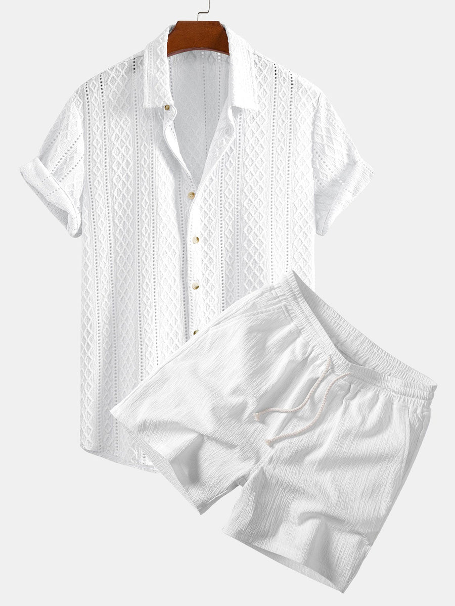 Geometry Rhombus Jacquard Button Up Shirt & Crinkle Textured Drawstring 5" Shorts