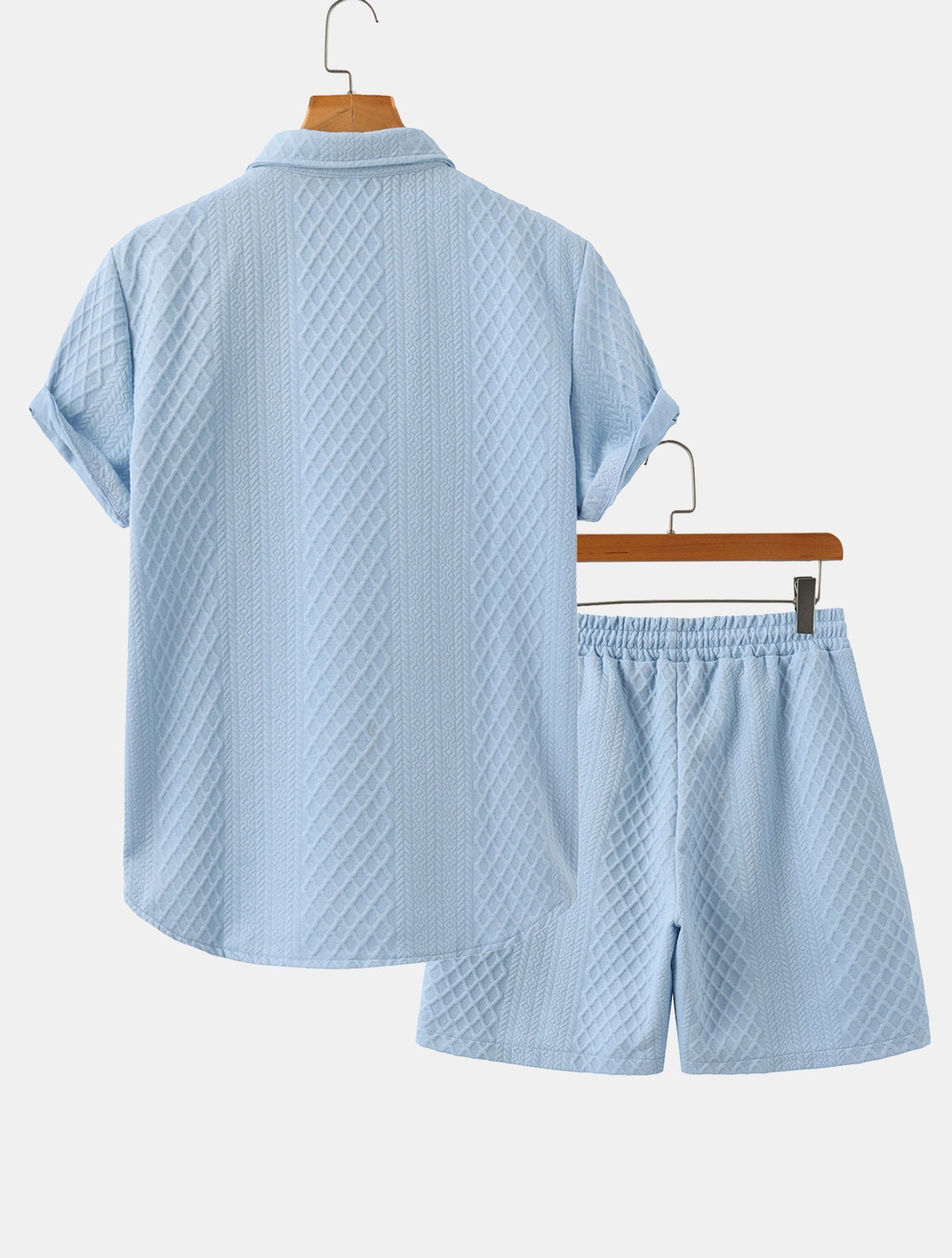 Rhombus Geometry Jacquard Button Up Shirt & Drawstring Shorts