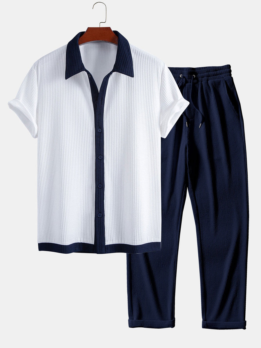 Contrast Ribbed Button Up Shirt & Straight Leg Ribbed Pants