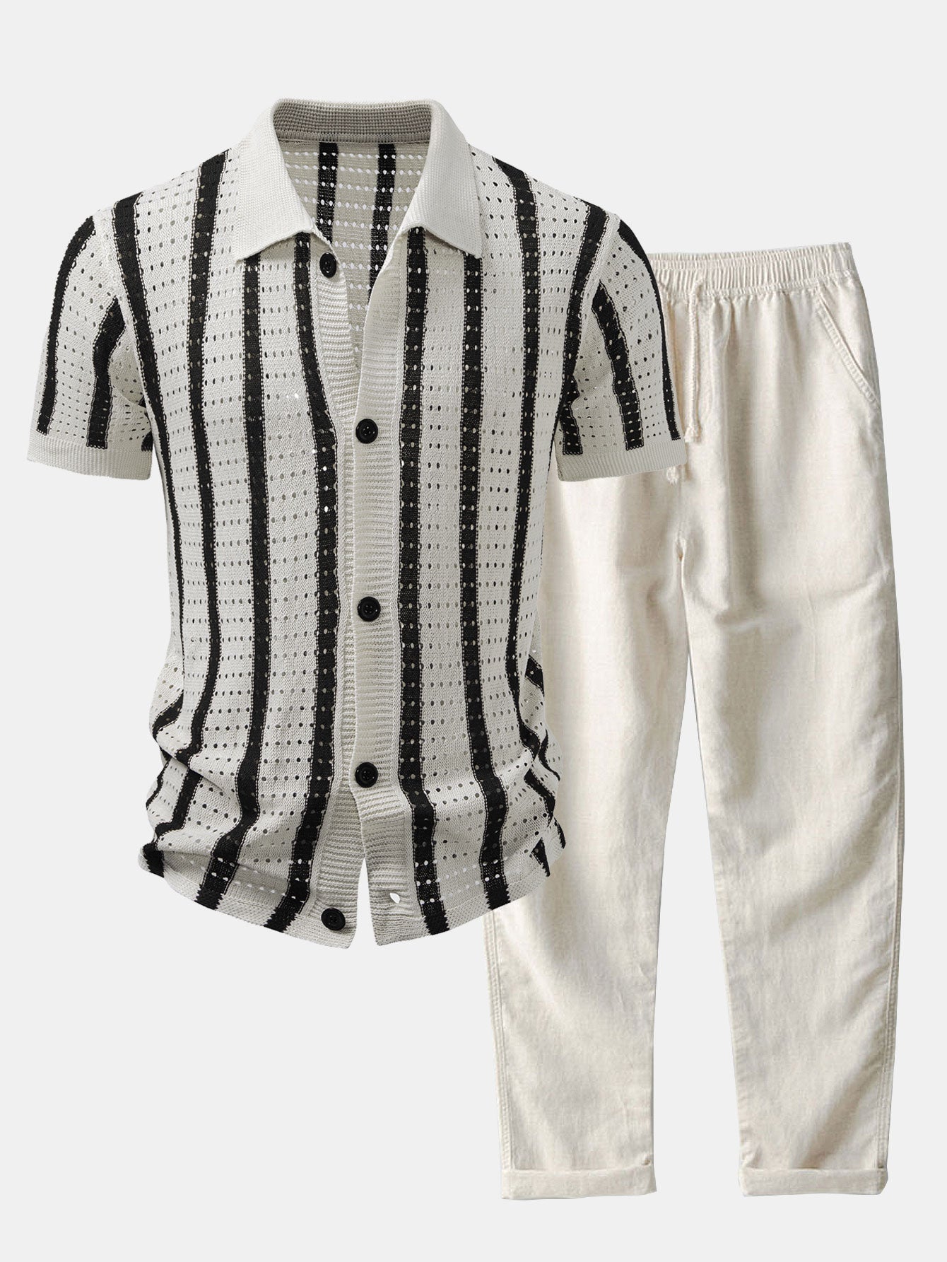 Stripe Open Knit Shirt & Straight Leg Linen Pants