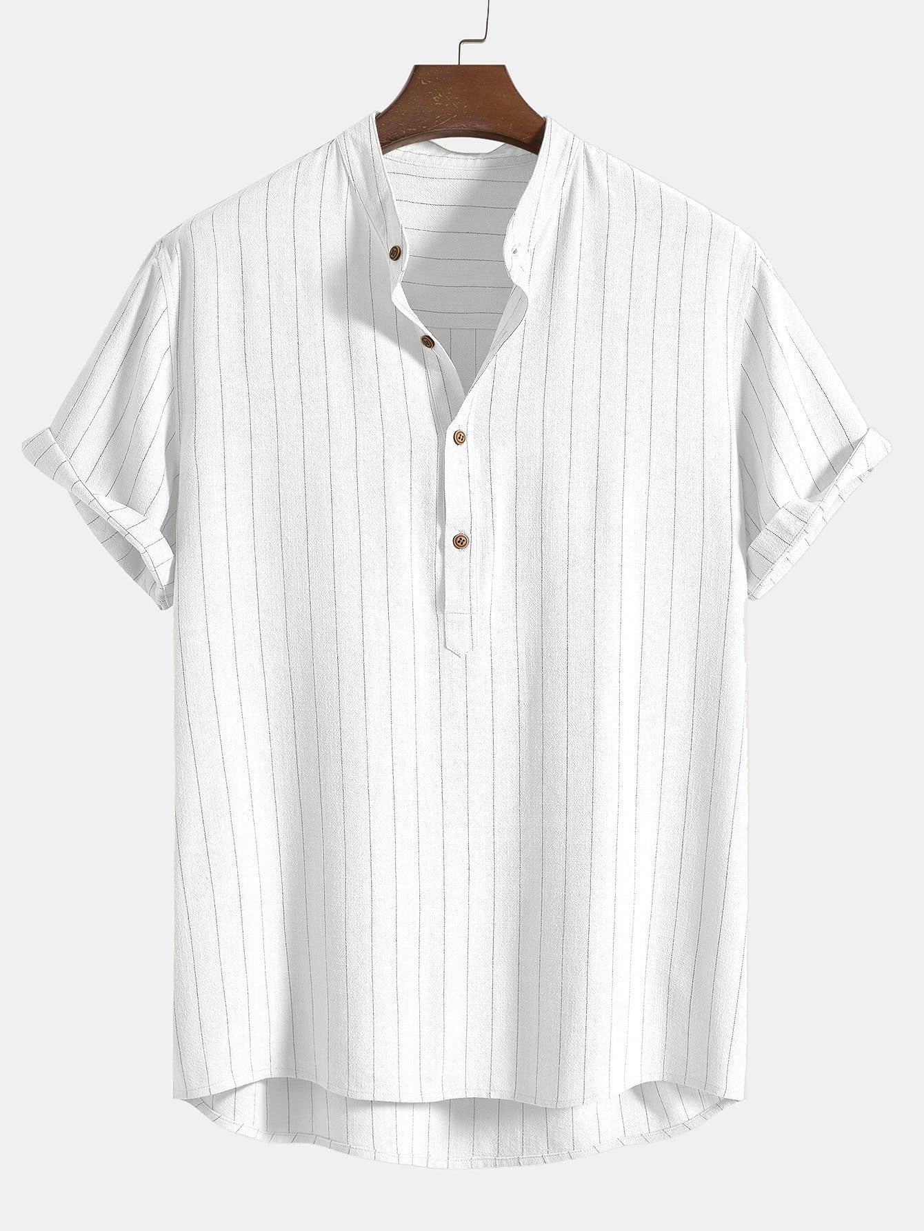 Linen Blend Striped Henley Collar Shirt & Linen Cotton Blend 11" Shorts