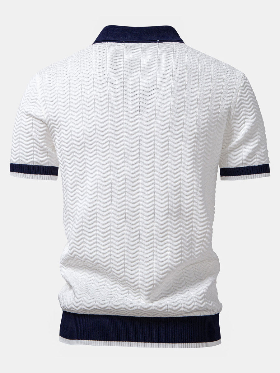 Texture Contrast Knitted V Neck Polo Shirt