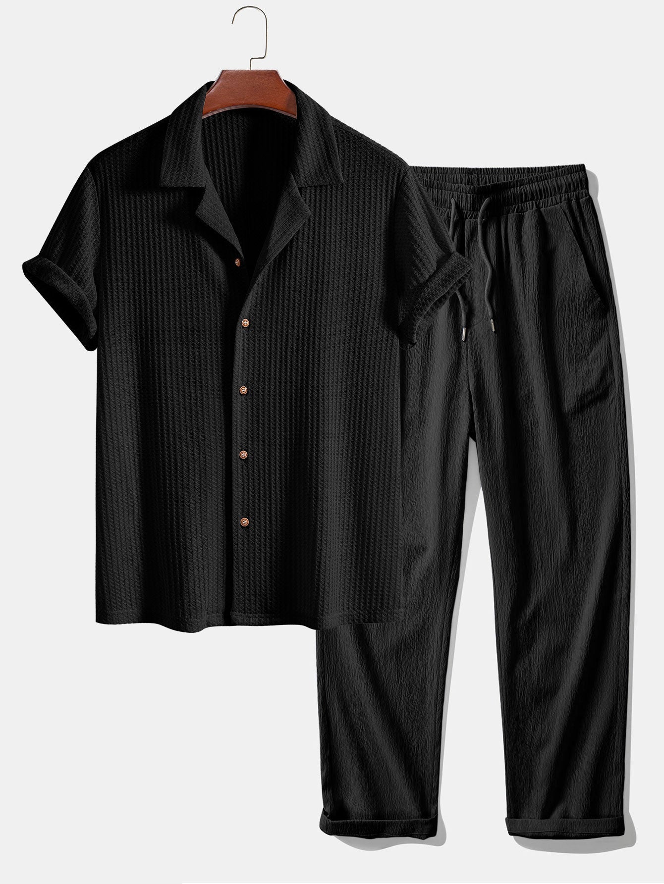 Short Sleeve Knitted Waffle Cuban Shirt & Crinkle Textured Straight Leg Pants