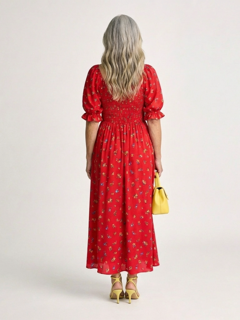 Delphine | Neliökaula-aukkoinen kukallinen midi-mekko