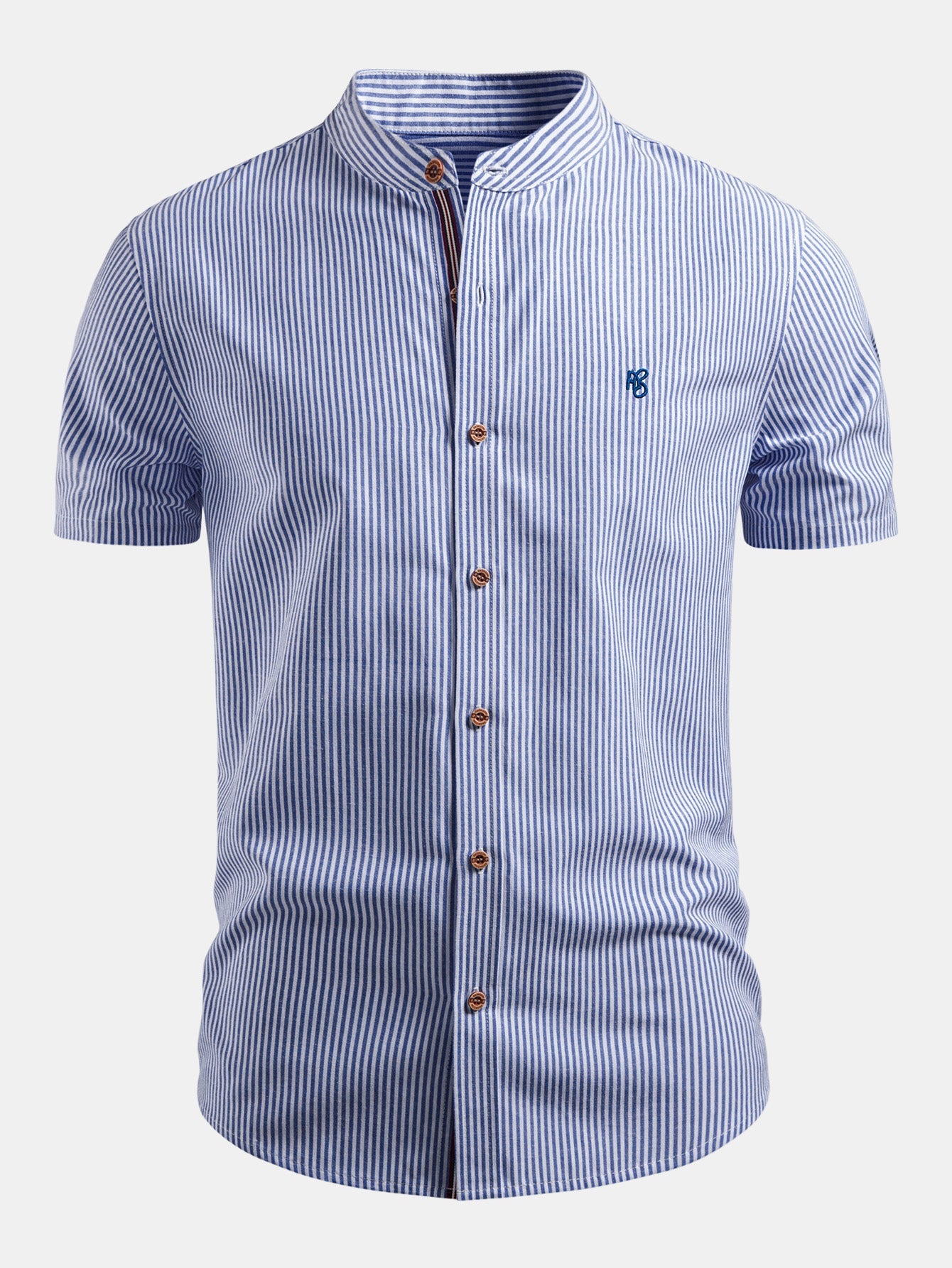 Short Sleeve Cotton Stripe Stand Collar Shirt